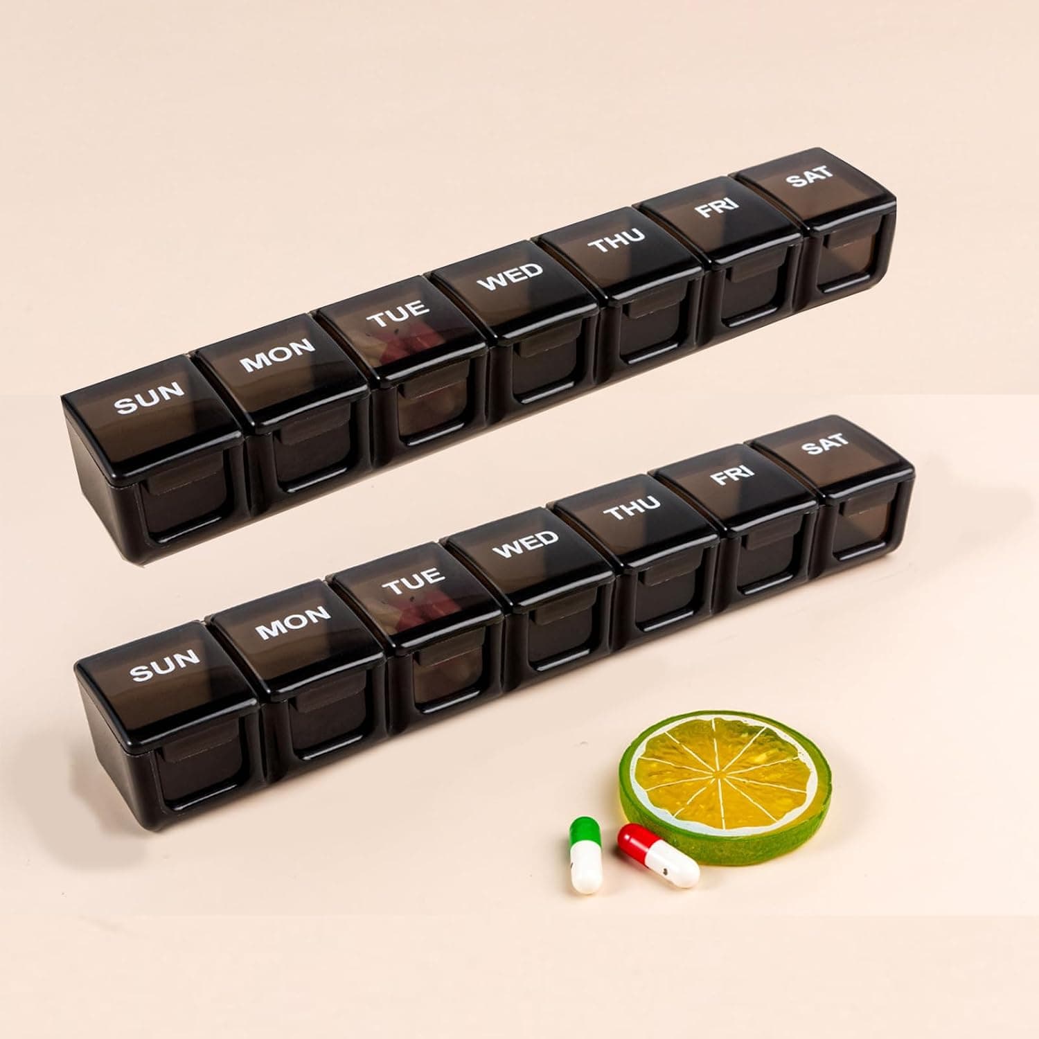 2 Pack Weekly Pill Organizer, Large 7 Day Pill Case, Daily Vitamin Case Medicine Box, Pill Organizer 7 Day for Medicine Supplements Fish Oil (Black)
