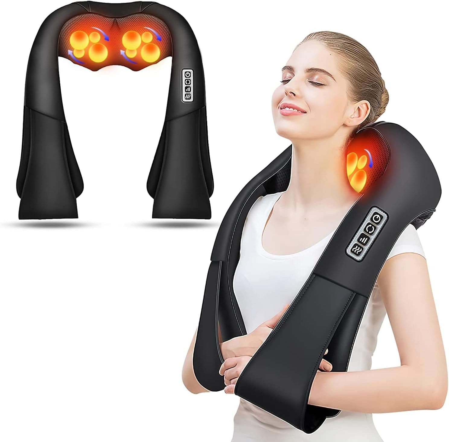 Back Neck and Shoulder Massager with Heat, Deep Tissue 3D Kneading Pressure Shiatsu electric massage for muscle, pain relief, office chair, car home use black