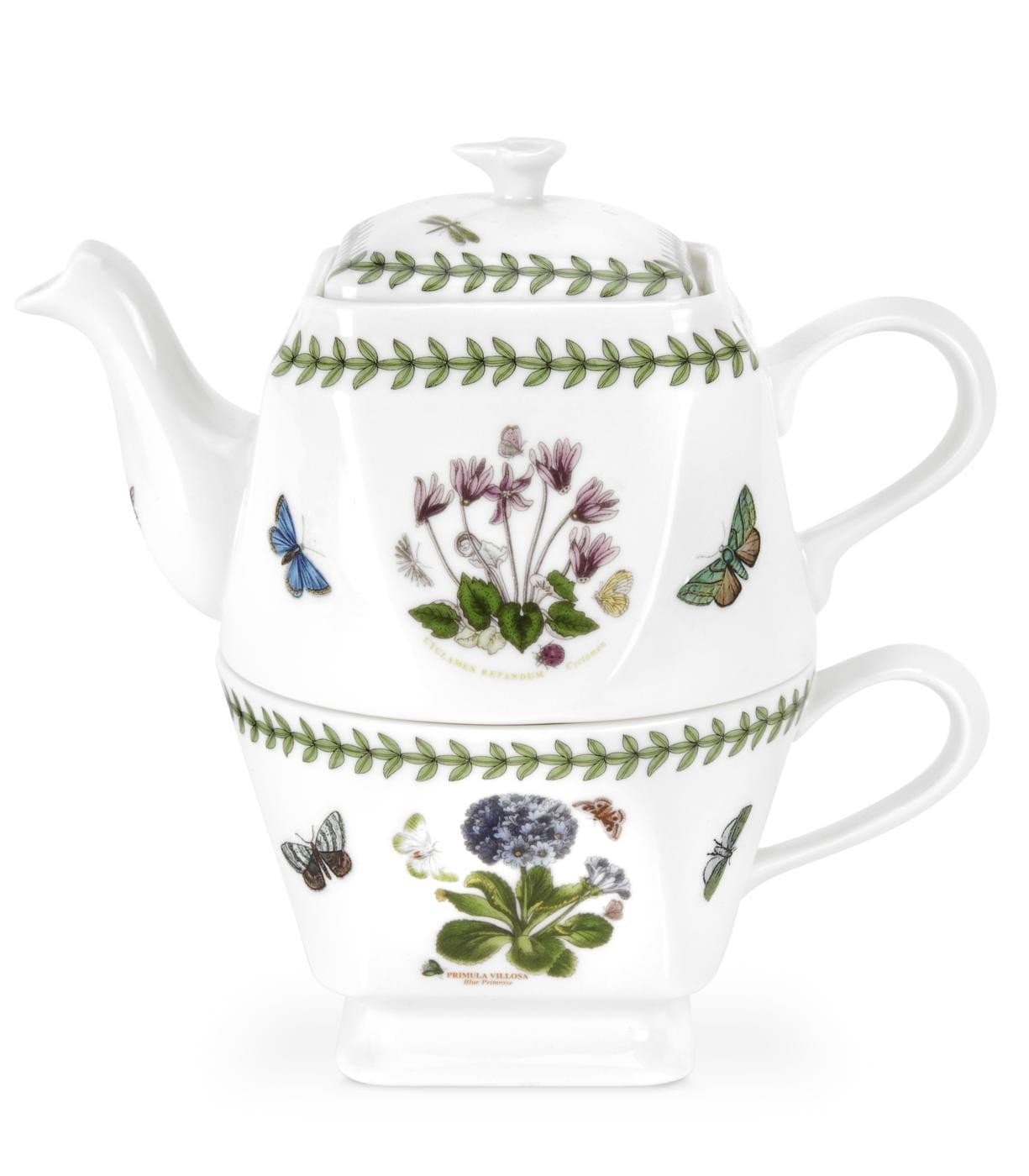 Portmeirion Botanic Garden 2 Piece Tea Set | 15oz Square Teapot and 8oz Teacup | Assorted Floral Motifs | Fine Porcelain | Dishwasher Safe, Warm Oven Only, Microwave Safe, Freezer Safe | Durable Fine Porcelain Tea Set with Assorted Floral Motifs, Elegant Drinkware for Tea Time, Entertaining & Everyday Use