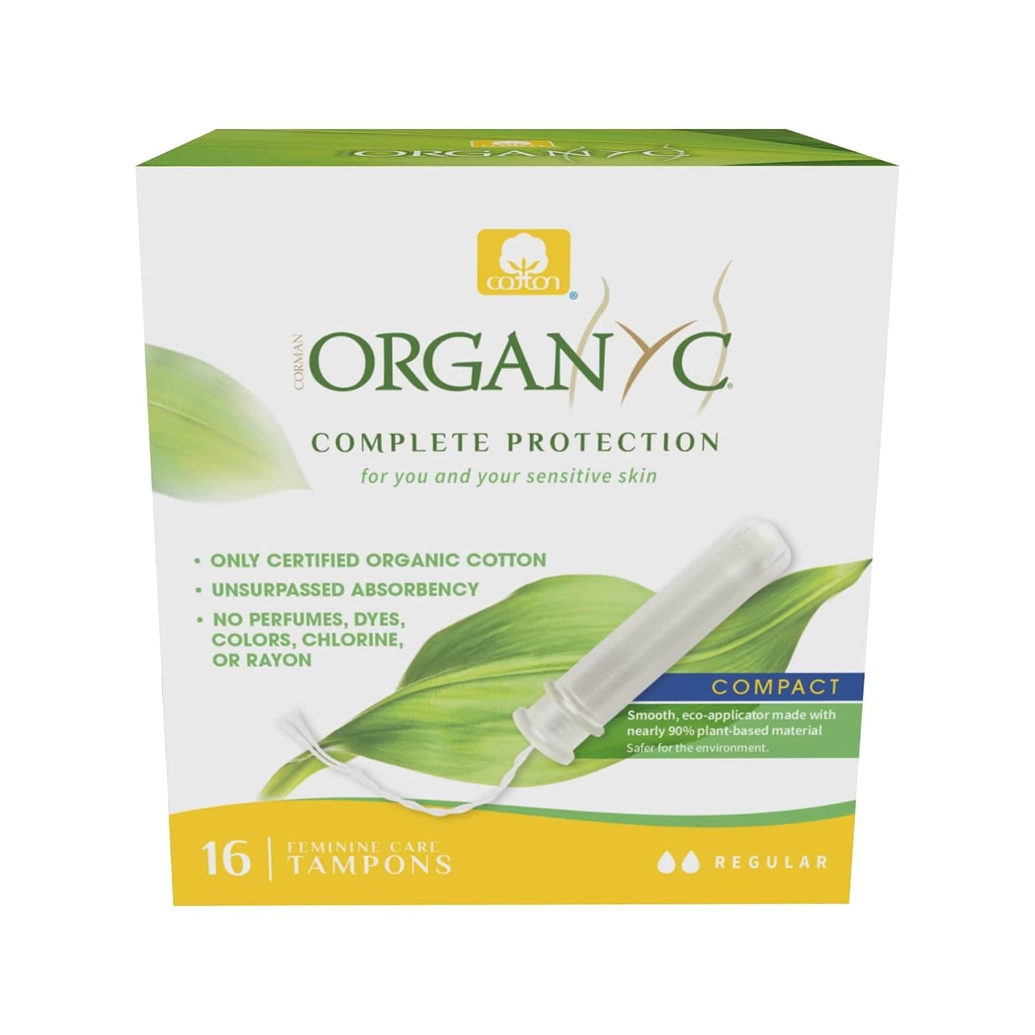 Organyc Complete Protection Feminine Care Organic Cotton Tampons with Compact Applicator, Regular, 16 Pieces - Pack of 1