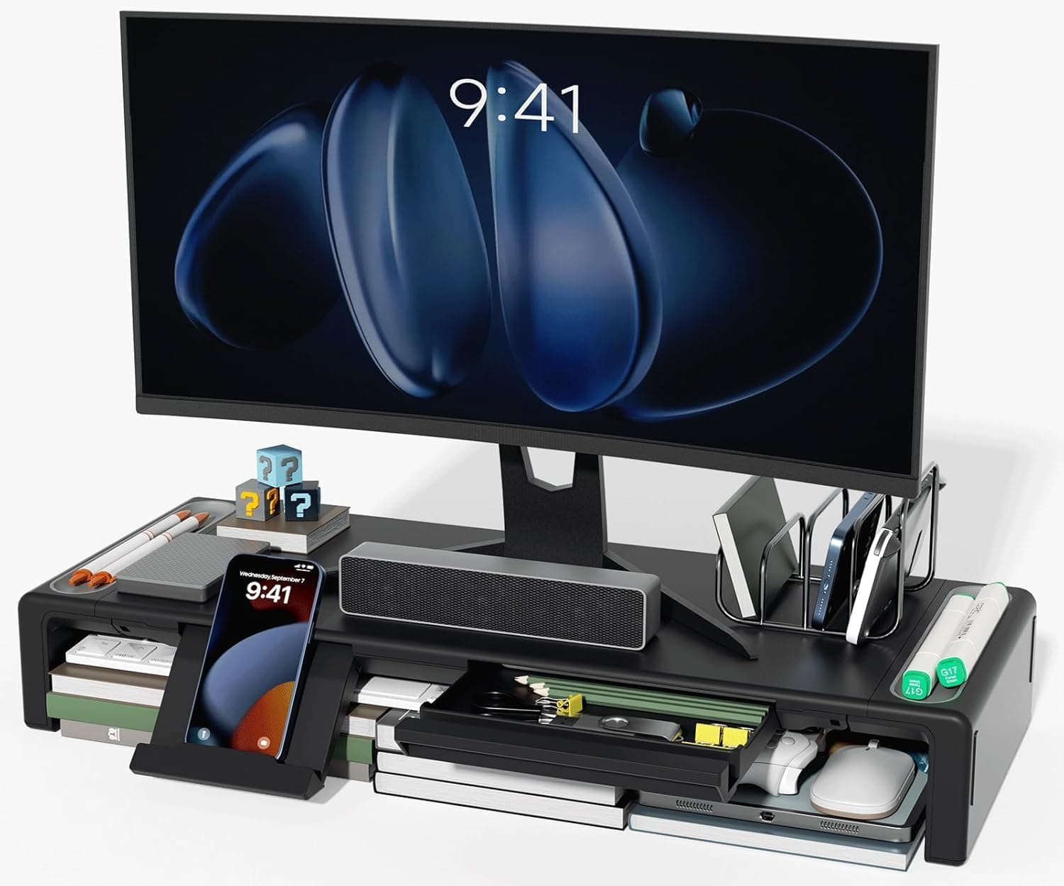 Oasisgalore Foldable Computer Monitor Stand Riser with Drawer, ستاند شاشة كمبيوتر, Laptop Desktop Screen PC Monitor Stand Riser, Adjustable Length Computer Stand with Pen Slot, Save Space (Black)
