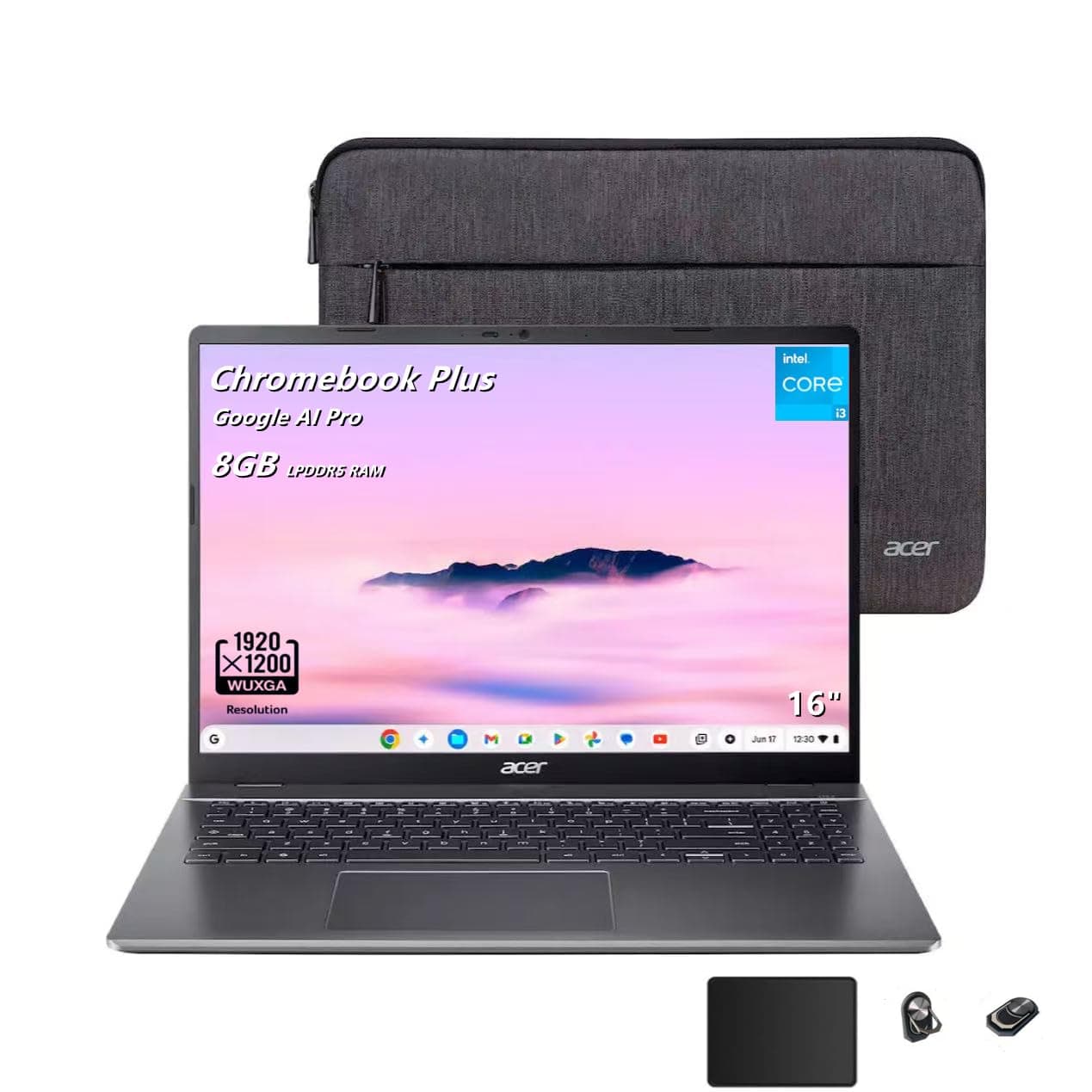 Acer Chromebook Plus 516, 16" IPS (1920 x 1200) WUXGA Display Laptop, Intel i3-1315U, 8GB LPDDR5 RAM, 128GB UFS, Webcam, Chrome OS, Wi-Fi 6E, Gray, Protective Sleeve Included, TWE Accessories