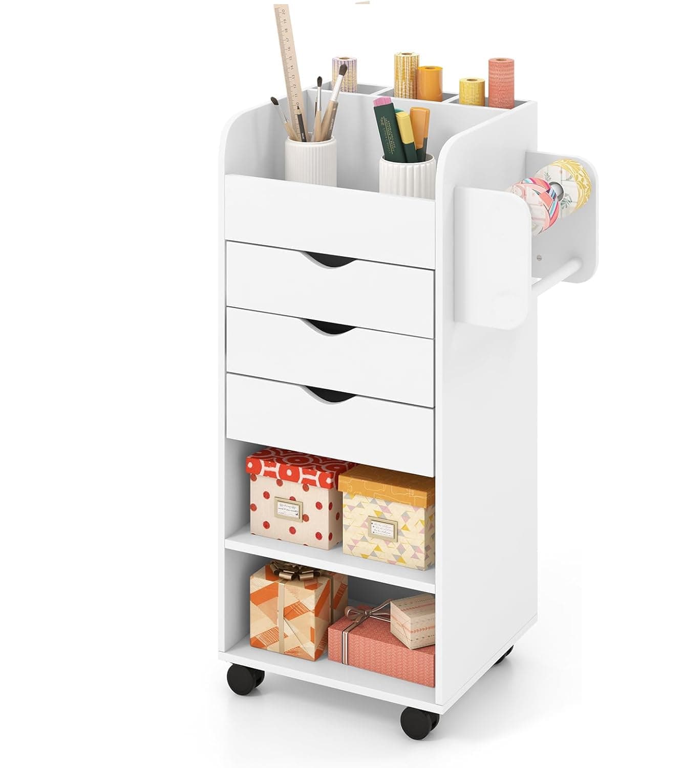 MAT EXPERT Gift Wrap Cart, Mobile Organizer Rolling Storage Cart with Drawers, 360° Universal Wheels, 3 Open Shelves & Wrapping Paper Slots, Wooden Utility Cart for Home, Office, School (White)