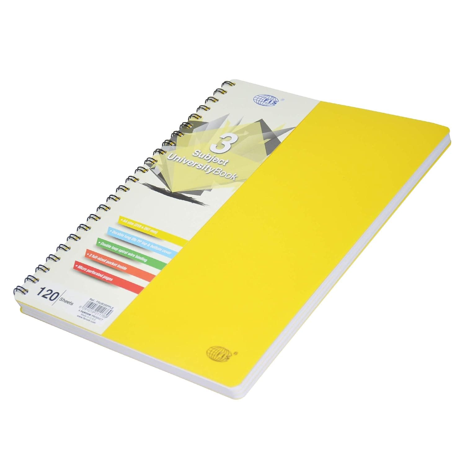 FIS 3 Subject University Books, 120 Sheets, A4 Size, Micro Perforated Pages, Yellow Colour - FSUB3SPPLE