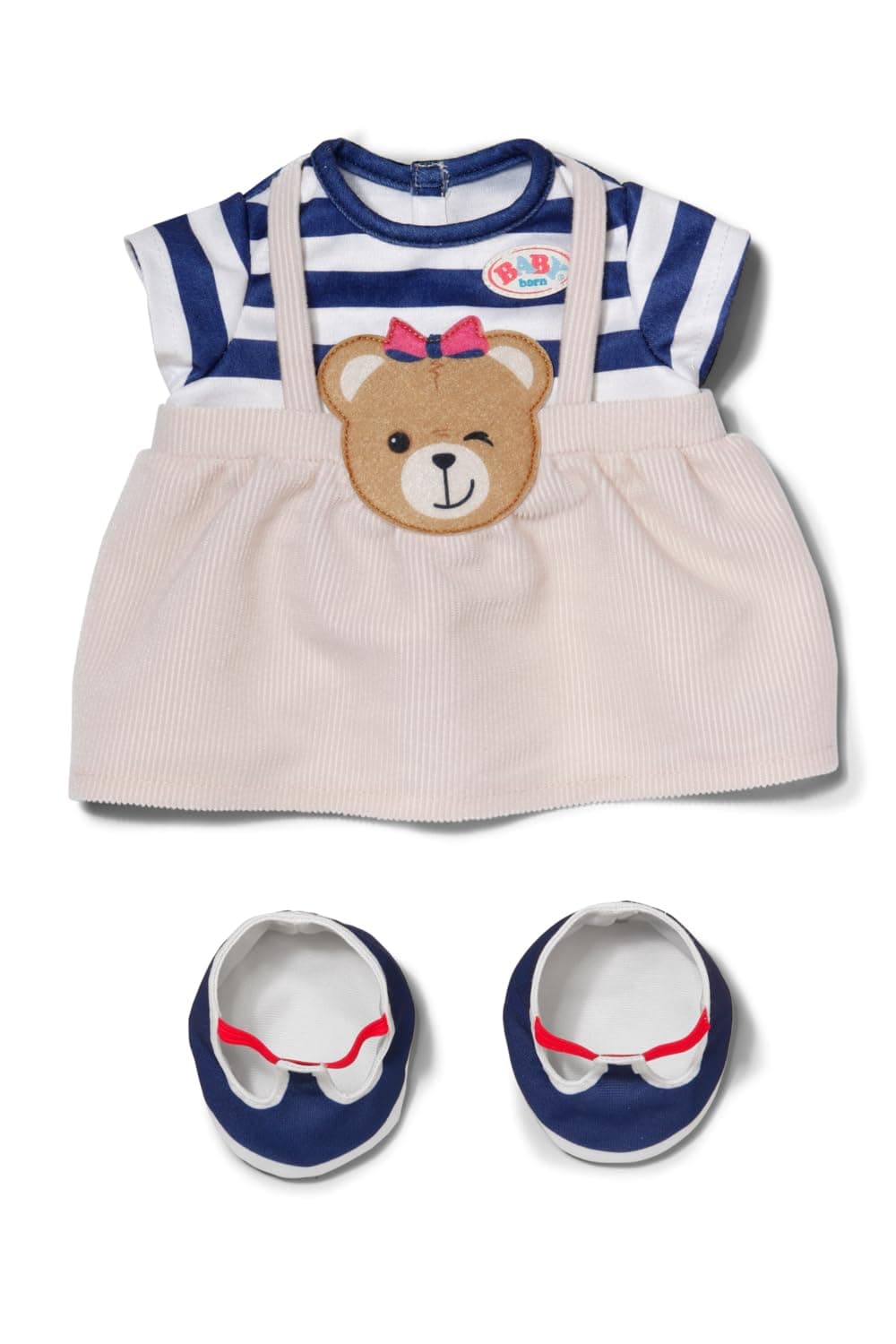 BABY born Teddy Dress Striped with Bear Patch & Shoes - High Quality Doll Accessories - Clothes Suitable for Dolls of Size 43 cm | Striped dress with bear patch, shoes included, suitable for teddy & 43 cm dolls