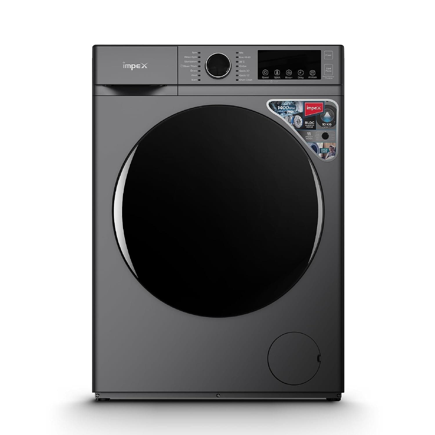 Impex 10 Kg Front Load Washing Machine | AI Wash | 11 Preset Menus | LED Display | Child Lock | Temperature & Speed Control | Status Indicator | 64L Drum Volume | Waterproof Glass | Grey | WM1000FS
