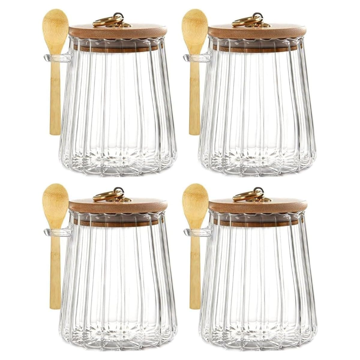 YelaJoy 4-pack 700ml Glass Stripe Jar Glass with Bamboo Spoons Lids Coffee Sugar Container Set for Decorative Jar with Lid Kitchen Food Storage Coffee Tea Sugar,Loose Tea,Nuts,Candy,Spice Food