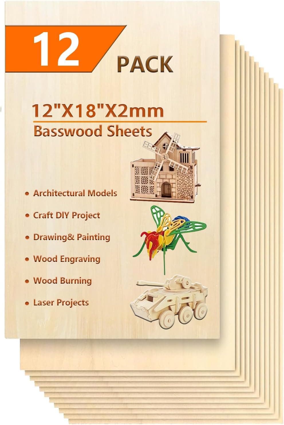 12 Pack Basswood Sheets for Crafts 12x18 Inch,2mm Basswood for Laser Cutting & Engraving, Drawing,Wood Burning, Unfinished Plywood Sheets for DIY Ornaments and Architectural Model (12x18x2mm)
