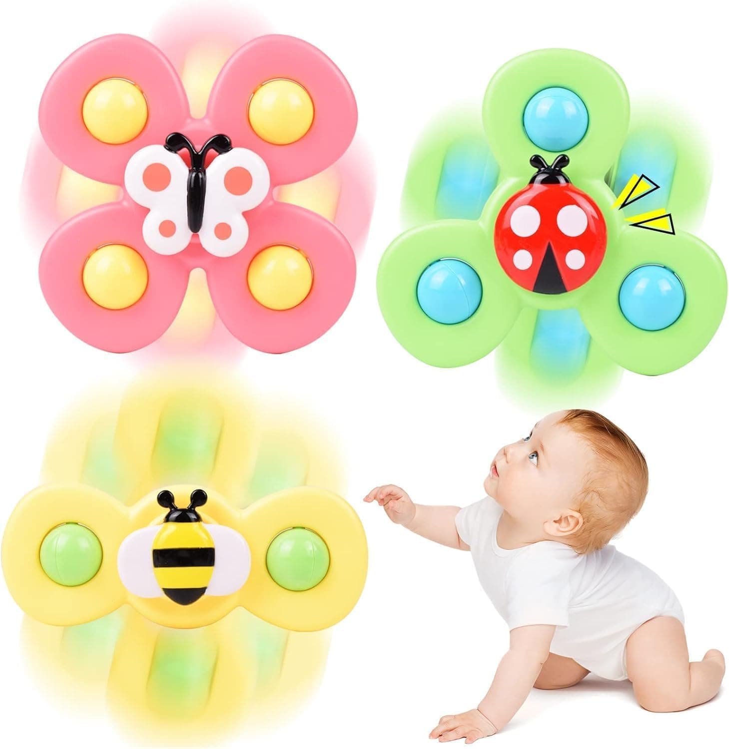 Cable World Baby Spinner Toy for Baby Bath Toys Water Toys for Kids Suction Cup Fidget Spinner Sensory Toddler Infant Flight Travel Toy Stick to Car Window Gift for Kids 3 Pcs (Insect Design)