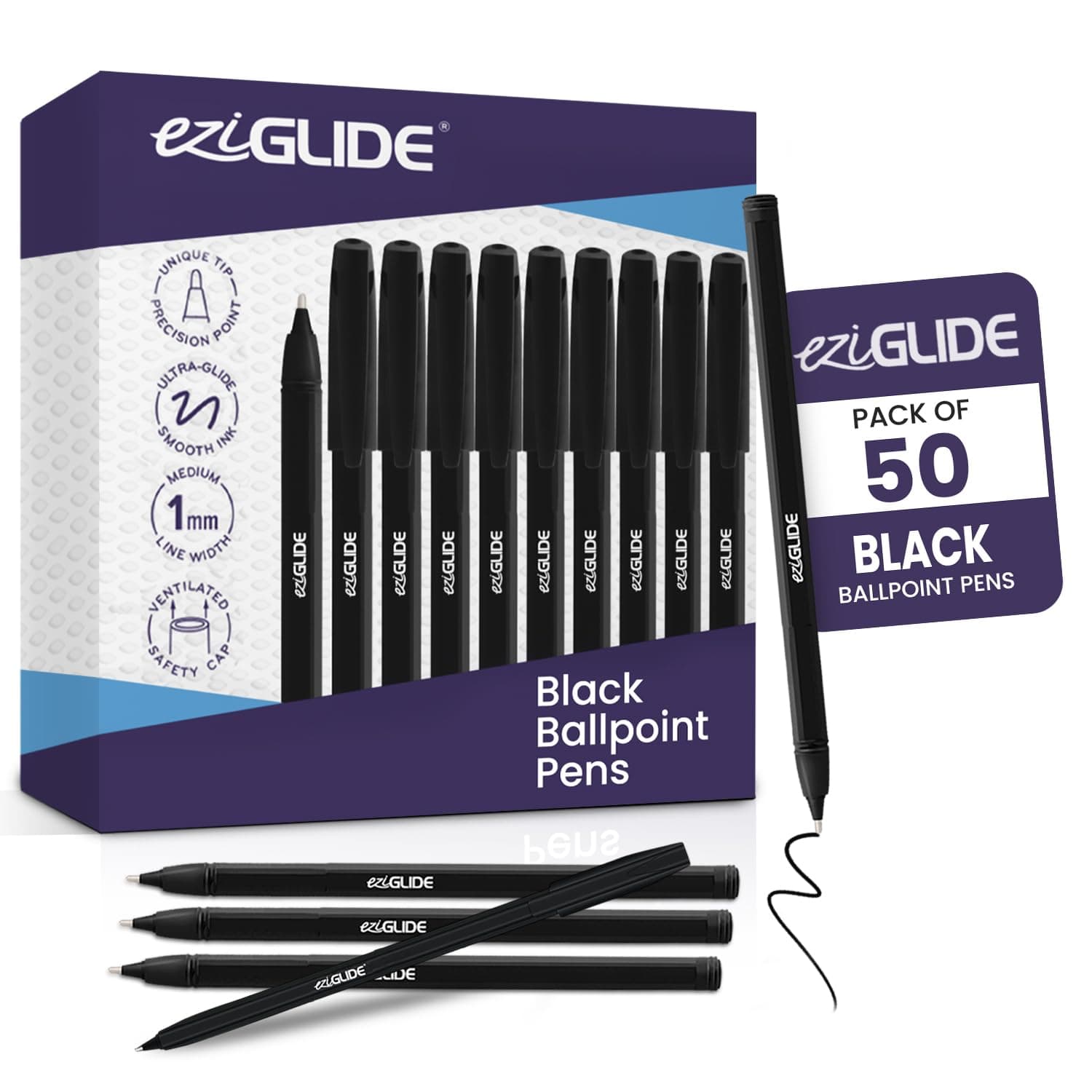 Eziglide Ballpoint Pens Black Ink 50-Pack – Black Biro Pens Multipack with Medium Point (1.0mm) for Effortless, Smooth Handwriting & Consistent Flow – Black Pens for School, Home, Office Supplies
