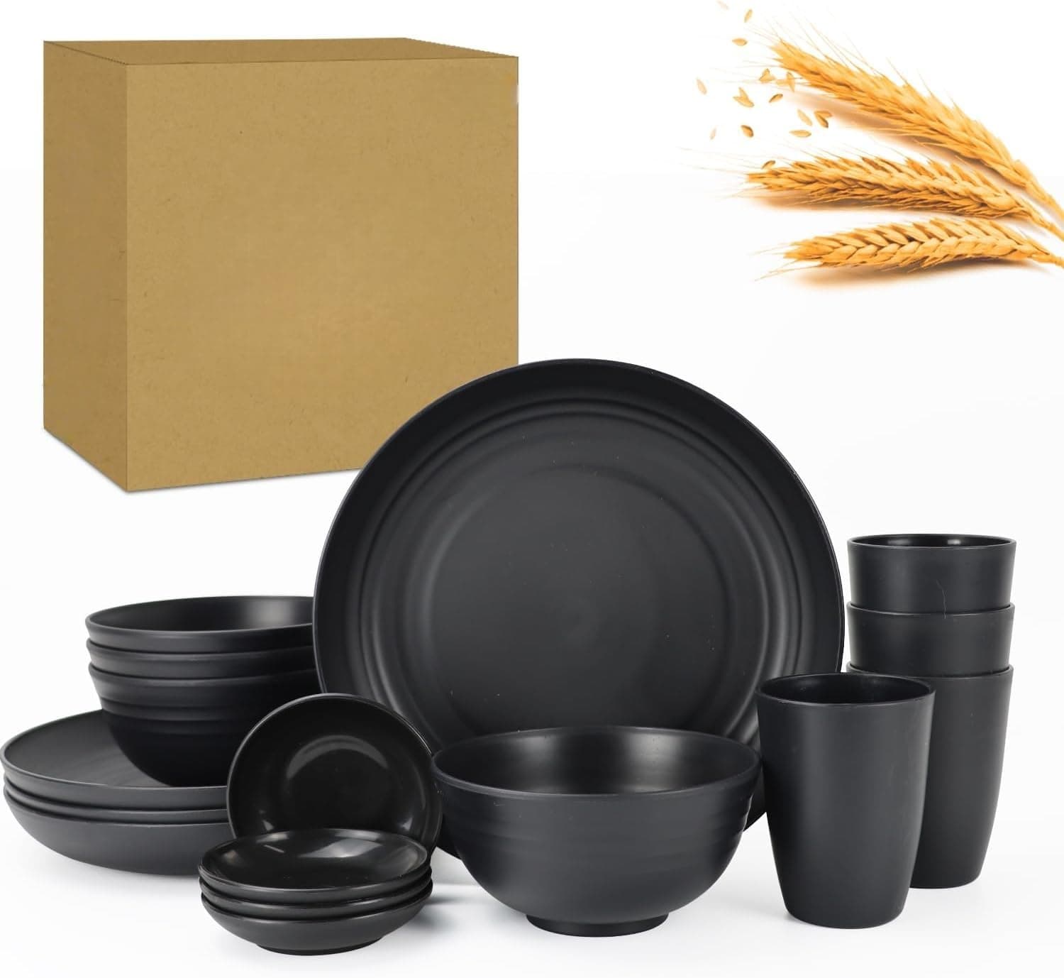 Wheat Straw Dishes Set 16 PCS, Service for 4,Unbreakable and Ruseable Dinnerware Sets,Dishwasher & Microwave Safe Plates Set for Kitchen,Camping,Dorm,Dessert Plates, Drinking Glasses (Black)