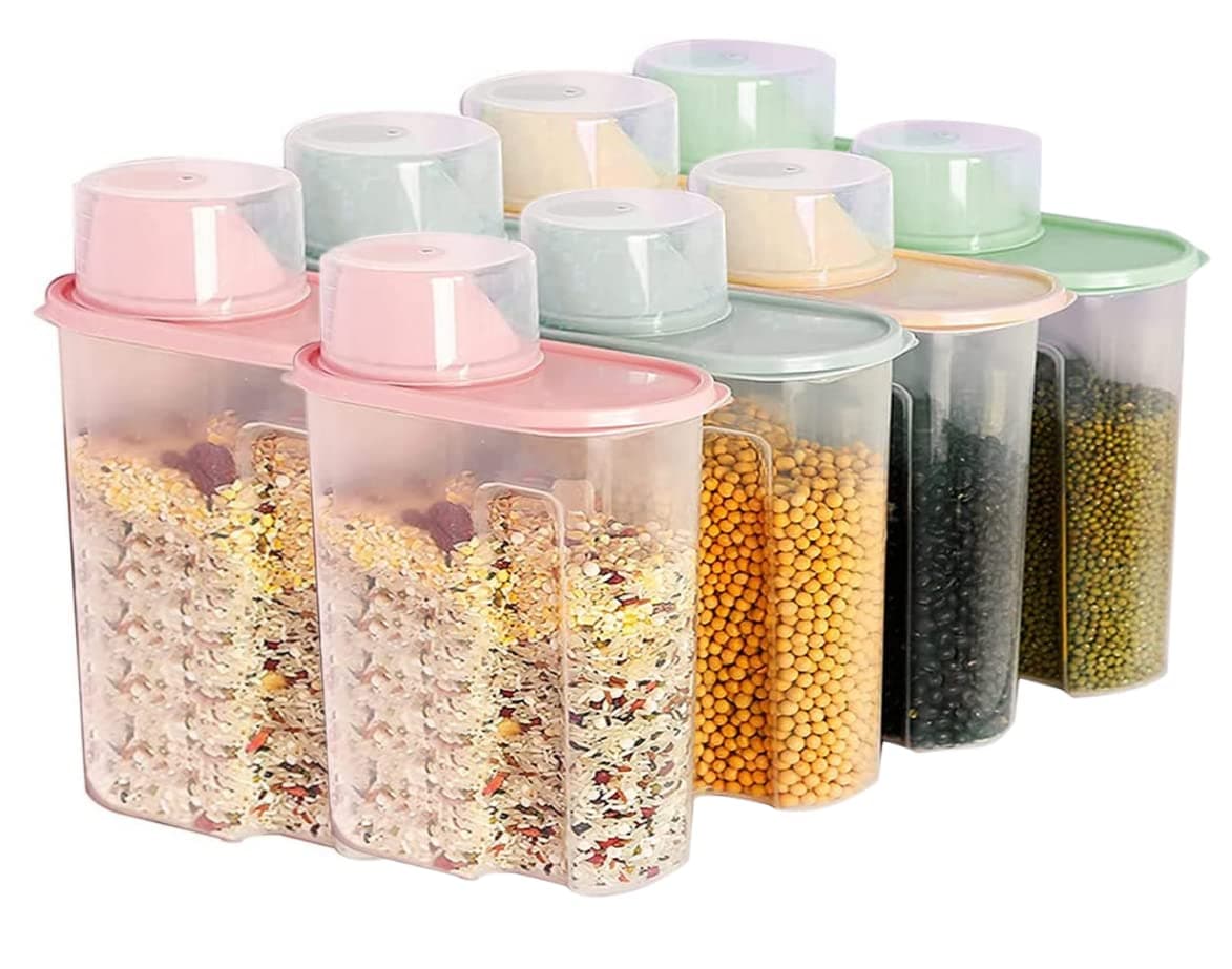SKY-TOUCH Food Storage Containers 8pcs with Measuring Cup, 2.5L Airtight Plastic Kitchen and Pantry Storage Organizer, Food Grade and BPA Free, for Cereal, Dry Food, Flour and Sugar