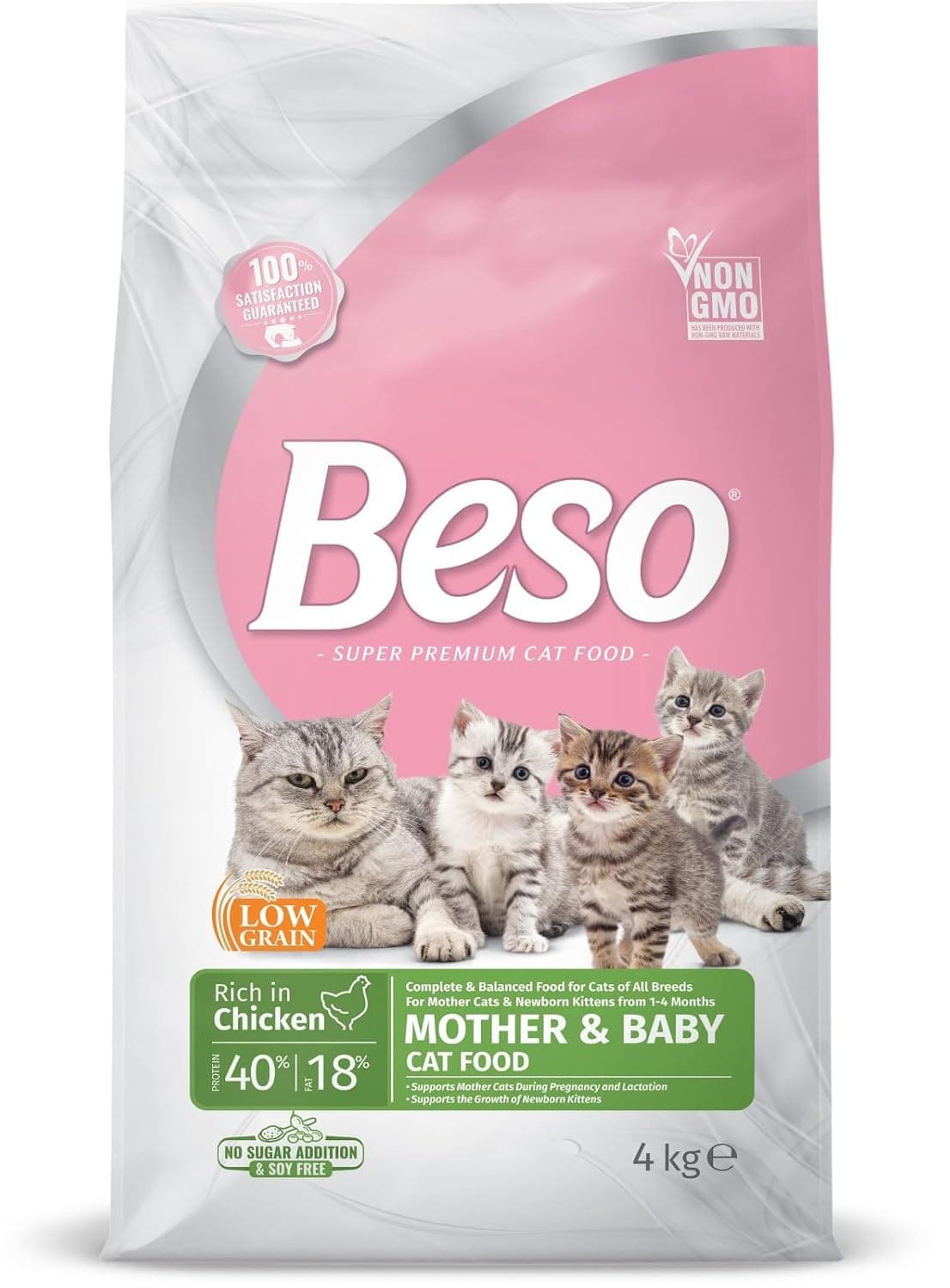 Beso Cat Food, Chicken Flavor, 4kg, All Life Stages, Dry Kibble, Mother & Baby Formula, High-Protein, Rich in Vitamins & Minerals