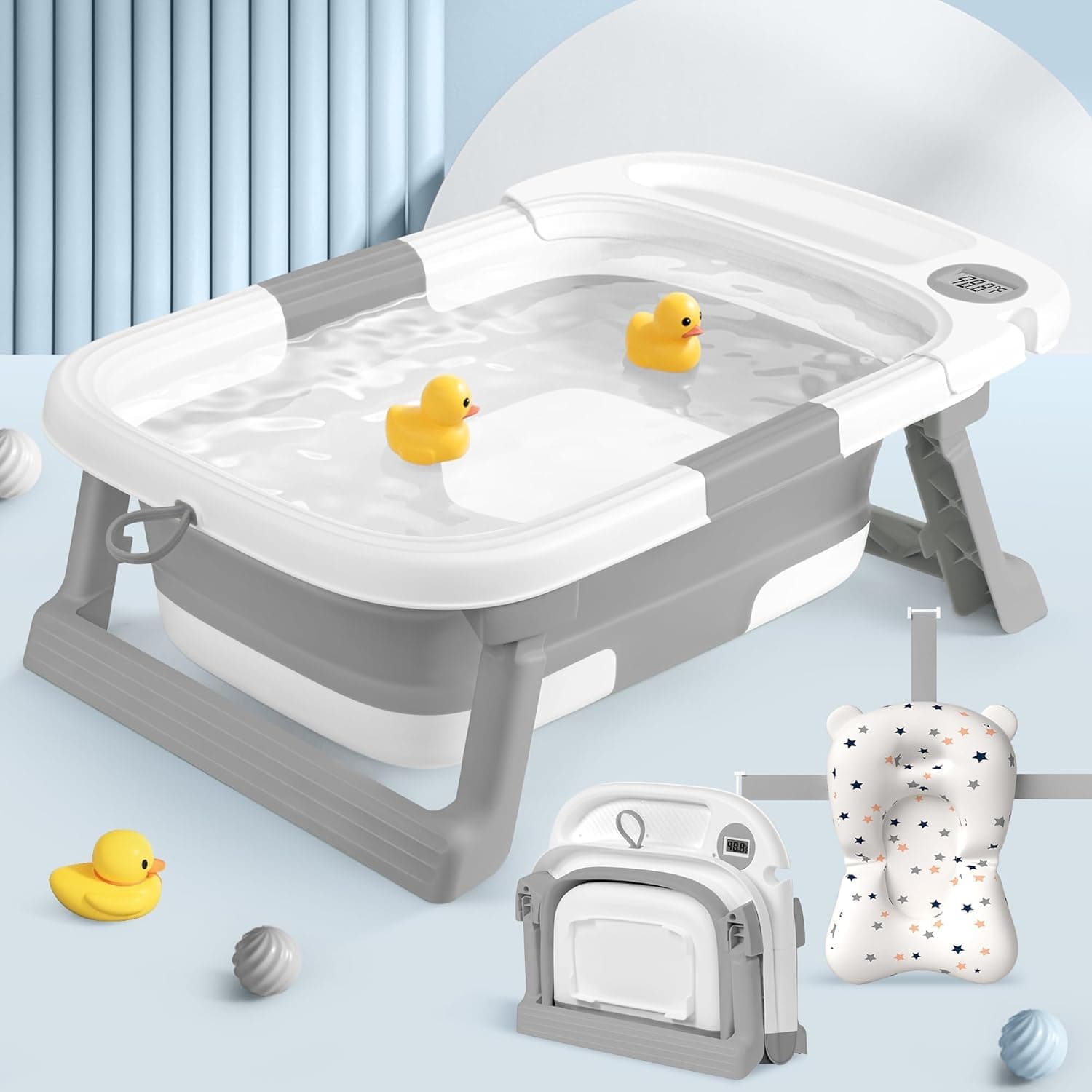 Collapsible Baby Bathtub,Baby Bath Tub with Thermometer & Soft Cushion,Baby Bathtub for Newborn to Toddler 0-36 Months,Portable Travel Baby Tub with No-Slip Feet,Baby Shower Gifts,Grey