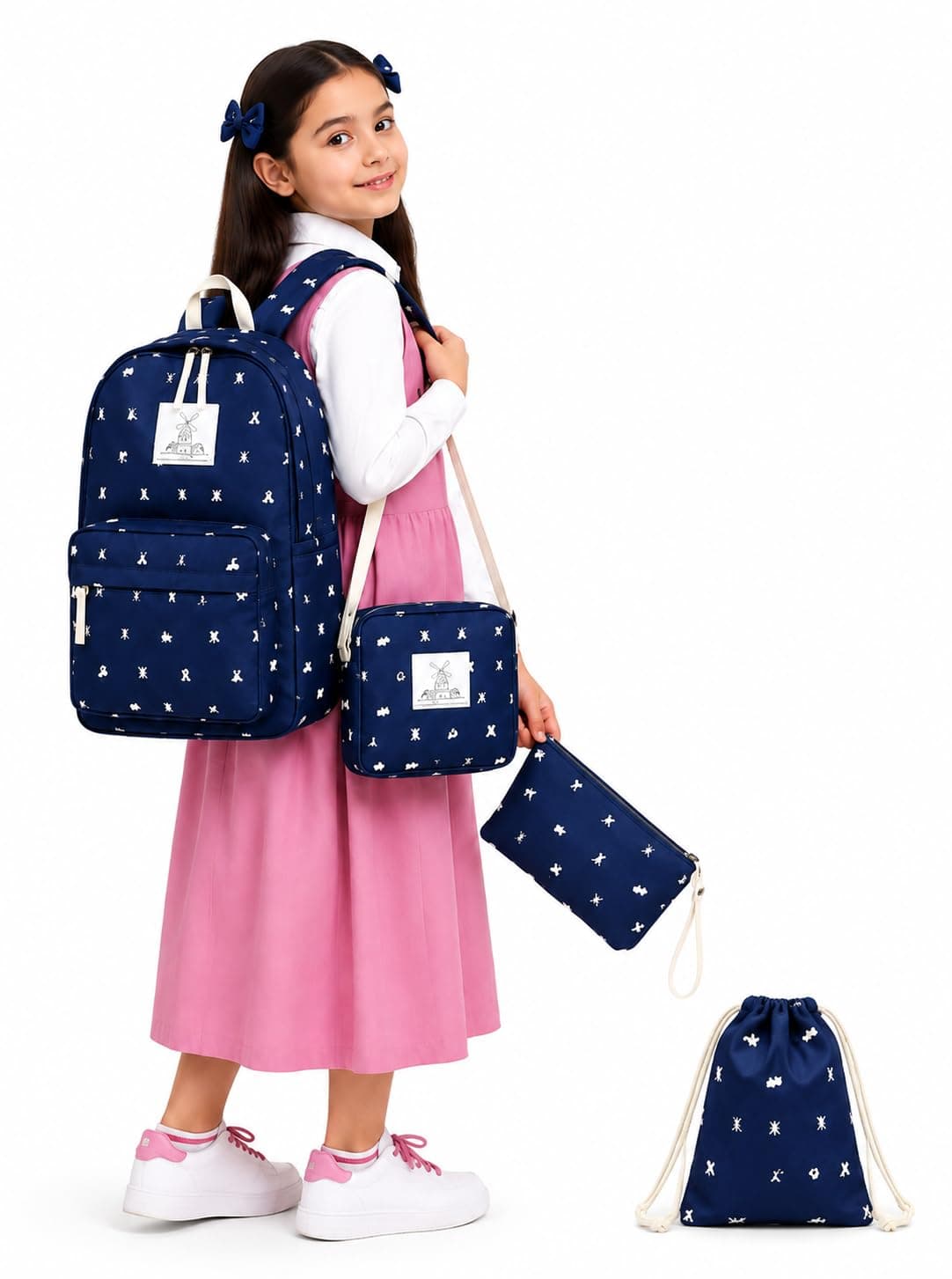 Backpack Girls' School Bag Set – with Shoulder Bag, Pencil Case, and Drawstring Pouch –Suitable for Elementary and Middle School Students–Back to School Essentials for Girls