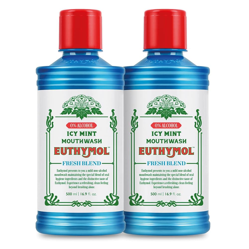 Euthymol Mouthwash ICY Mint 500ml x 2, Contains Flouride Alcohol-Free, Distinctive Strong Taste Flavour, Reduce Plaque Gingival Clean Healty Teeth Gums, Freshens Breath Refreshing Oral Dental Care