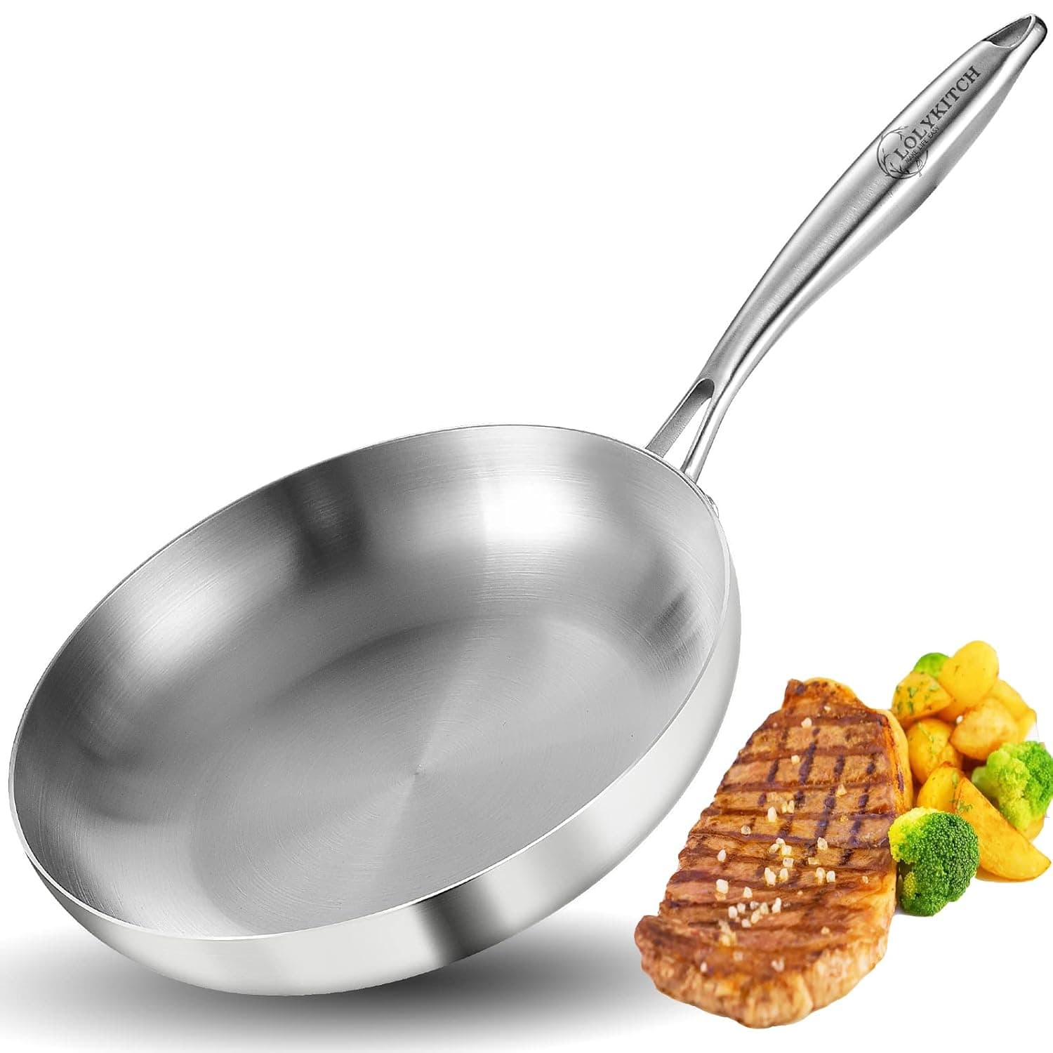 LOLYKITCH Tri-Ply Stainless Steel 11 inch Frying Pan Skillet with Removed Ergonomic Handle, Compatible with Induction Stoves, Gas Stoves, Ceramic Stoves, Electric Stoves and Oven Safe (without lid) | Fast & Even Heating | Stay-Cool Detachable Handle | Dishwasher and Oven Safe | Induction Ready | For Modern Home Kitchens