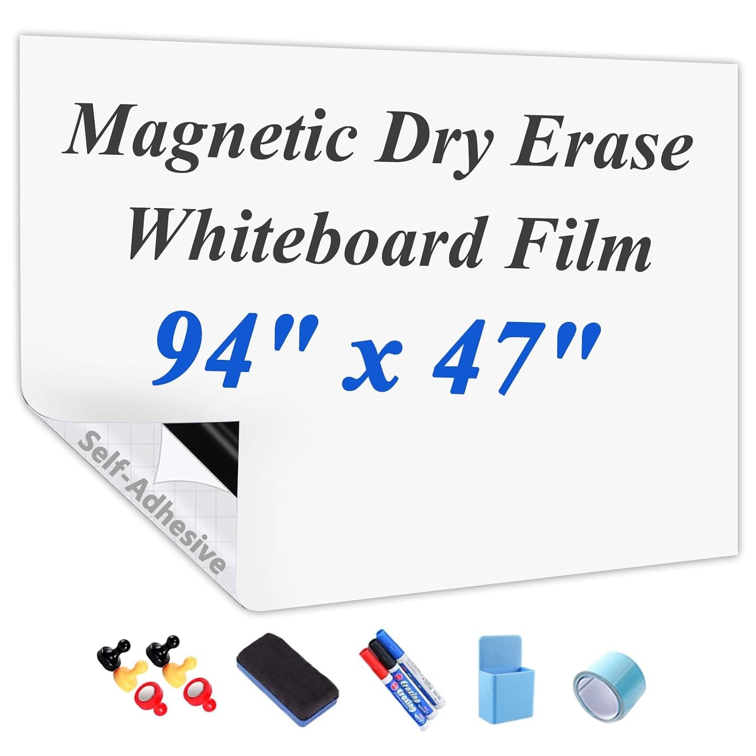 JUMUBOARD Self-Adhesive Magnetic Dry Erase Whiteboard Sticker, 240 × 120 cm | Peel and Stick Magnetic White Board Wall Decal, Includes Marker, Eraser & Magnets for Home, Office & Classroom