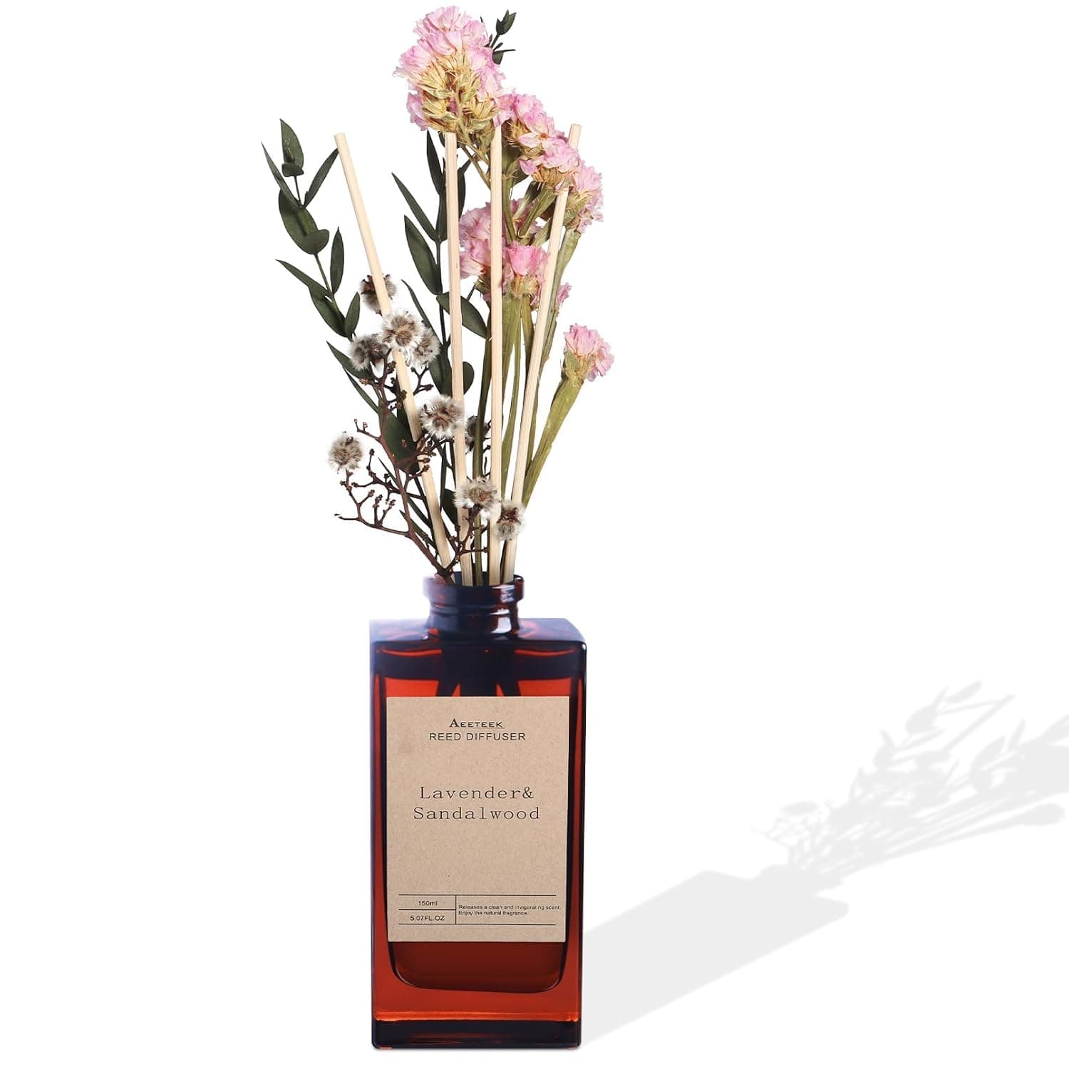 Reed Diffuser Set - Lavender Essential Oil, 5 oz/150ml Sandalwood Aroma Scent Oils Bathroom Air Freshener with Flower Decoration and Diffuser Sticks, Home Fragrance for Room Decor