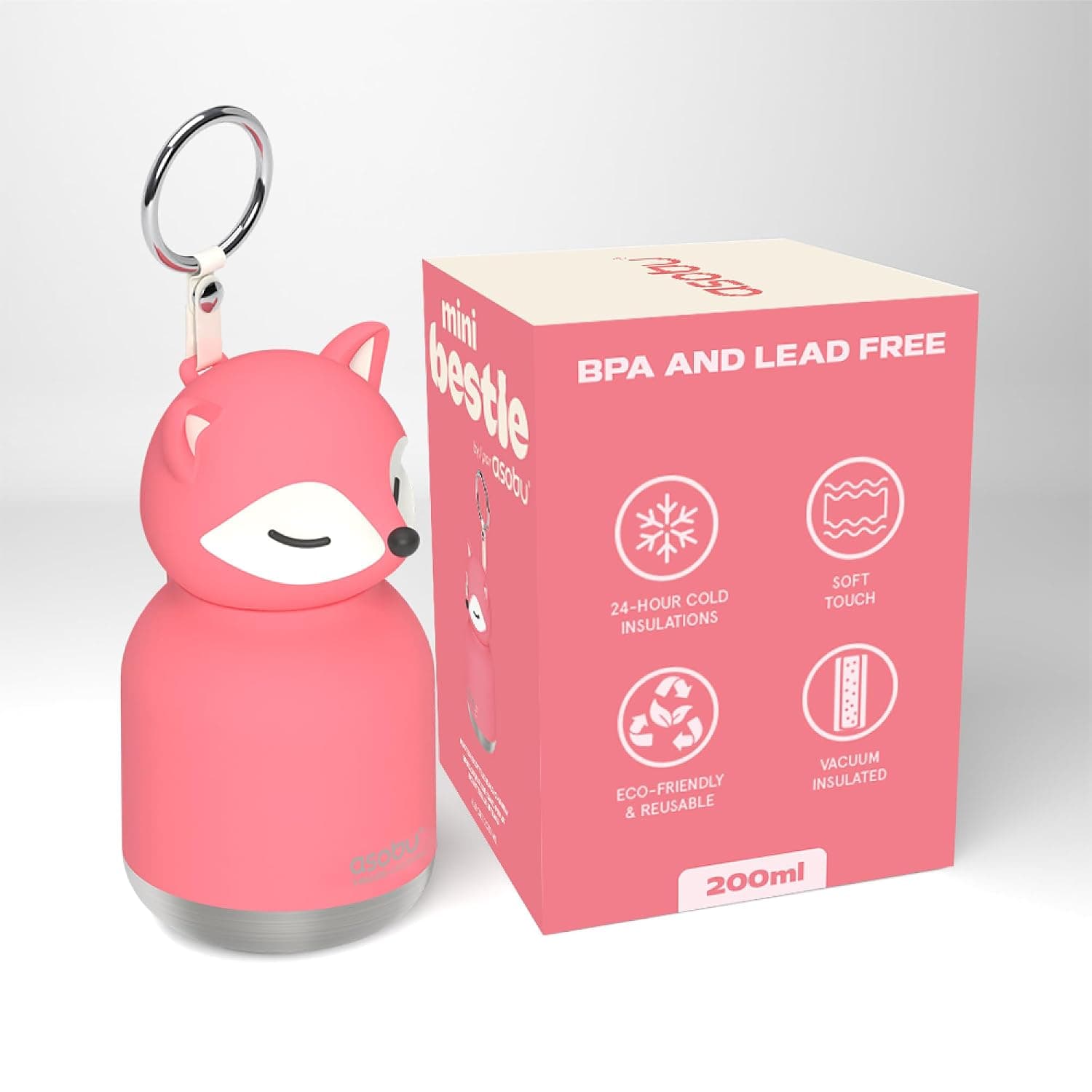 ASOBU Mini Bestie Pink Fox Kids Water Bottle, 6.7oz Stainless Steel