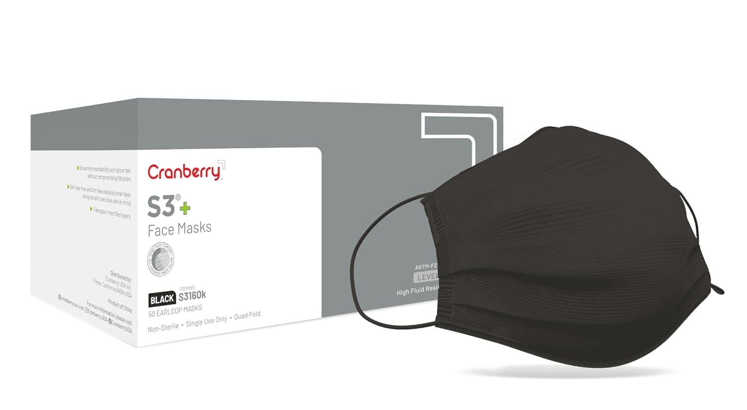 Cranberry USA S3160K S3+ Earloop 3 Layer Disposable Face Mask Black 50 Pack