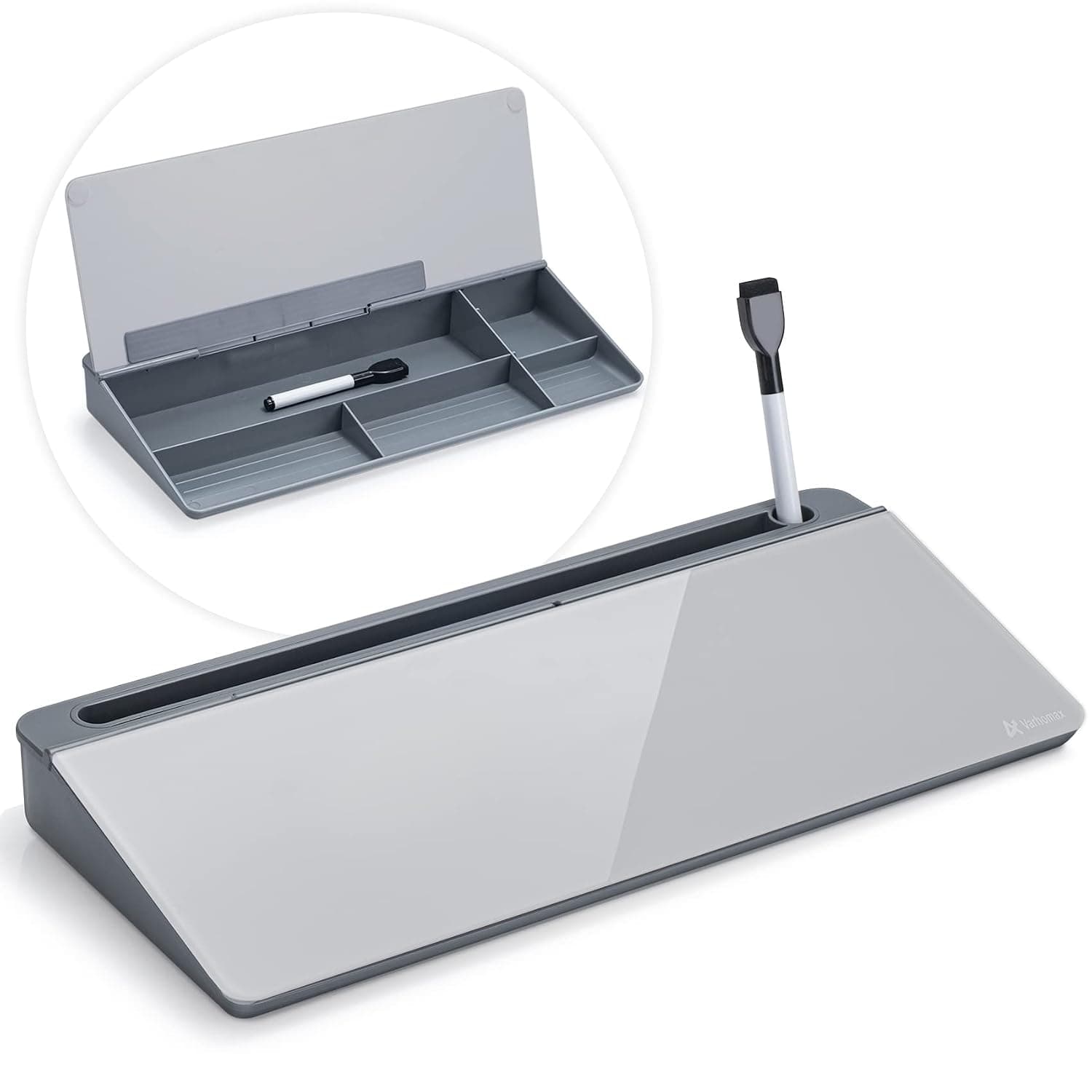 Varhomax Glass Desk Whiteboard with Storage, Desktop Organizer to-do List Memo Notepad Dry Erase White Board for Home Office and School Supplies (GrayBoard)