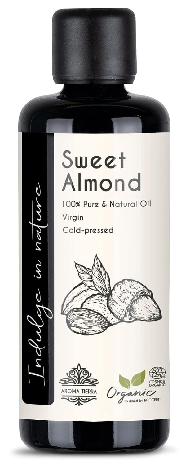 Aroma Tierra Organic Sweet Almond Oil - 100% Pure, Natural, Cold Pressed & Unrefined - Moisturizer for Skin, Hair, Body & Nails