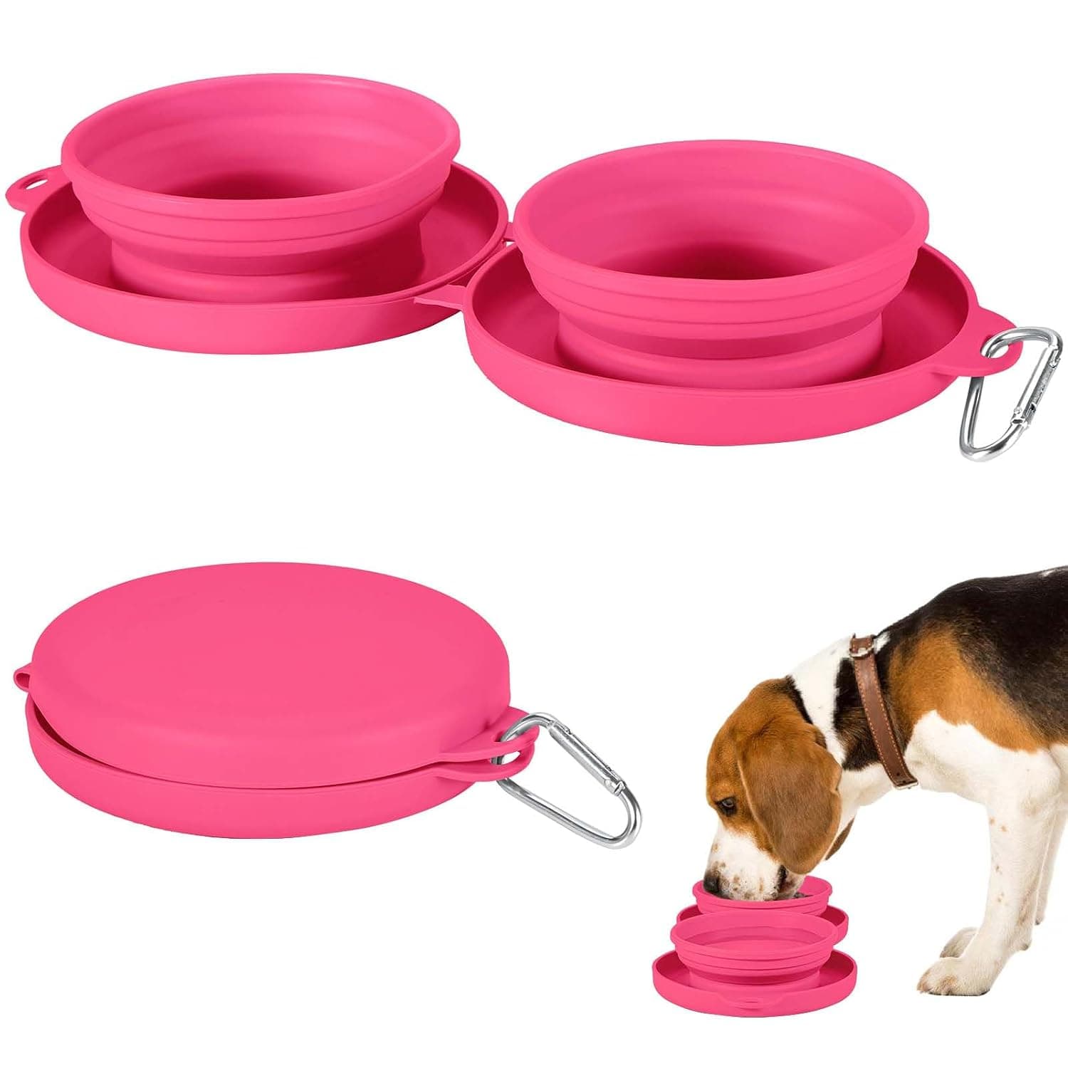 YelaJoy 2 in 1 Collapsible Dog Water Bowl, Portable Pet Food Water Feeder Bowl with Carabiner Clip, Leakproof Soft Travel Drinking Dish, for Dog Cat Outdoor Walking Hiking Camping Road Trip Pink