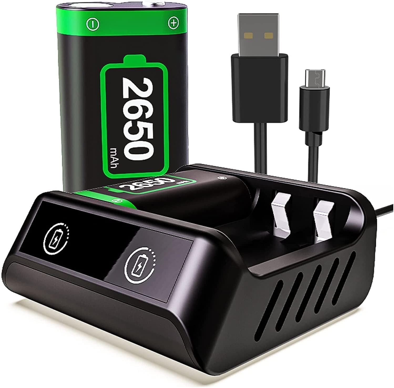 بطاريات احتياطية قابلة لاعادة الشحن من دي جي ام لاكس بوكس ون/اكس/اس/ون اليت/سلسلة اكس/سلسلة اس، مع قاعدة شحن سريعة لبطاريات ذراع تحكم اكس بوكس ون بمنفذ USB ومؤشرات LED للطاقة