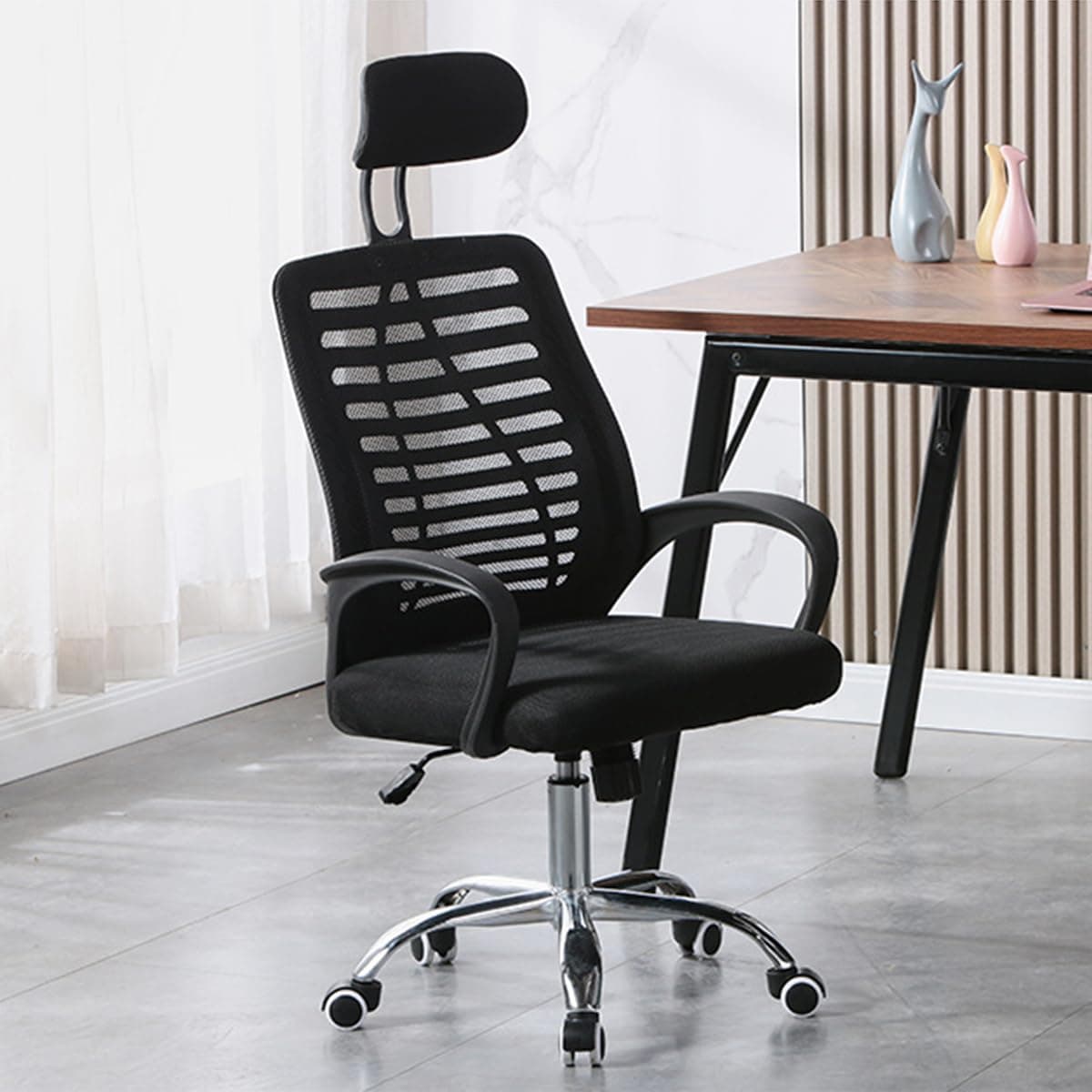 Mid-Century Modern Black Ergonomic Mesh Office Chair, High Back with Adjustable Headrest, Lumbar Support, Tilt Function, Swivel Rolling, Soft PU Armrest, Task Chair, Home Office, Gaming