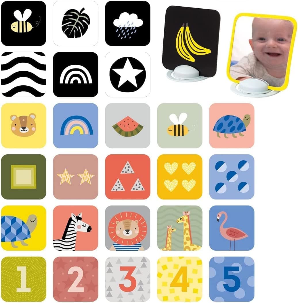 Taf toys High Contrast Baby Flashcard & Baby Safe Mirror for Tummy time | Black White Colorful Visual Stimulation for Babies Age 0-36 Months | 5.5'' x 5.5'' Educational Newborn Infants Toys Gift