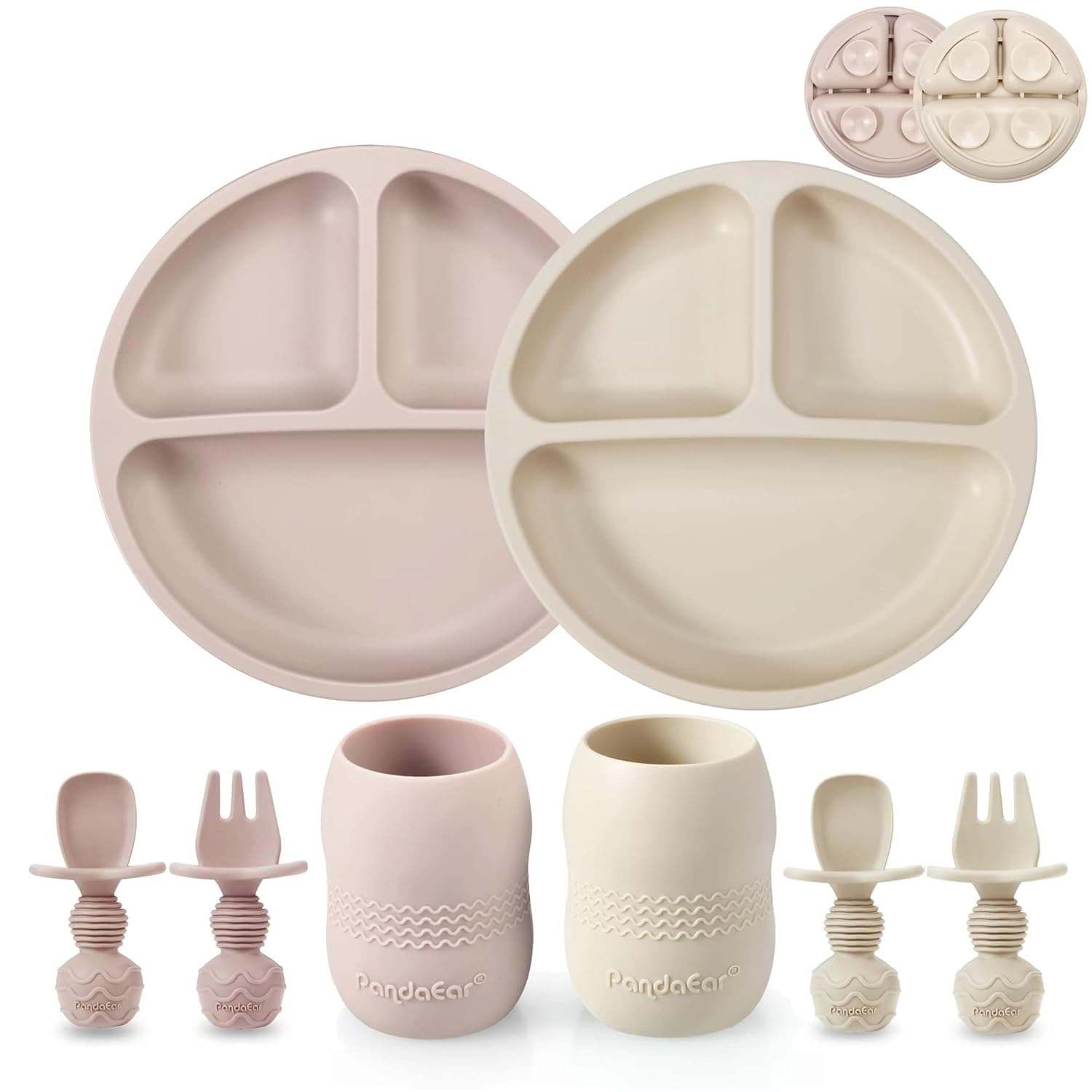 PandaEar Silicone Baby Feeding Set| 2 Pack Silicone Divided Suction Plate and 2 Pack Tiny Cup with 2 Spoons 2 Forks| Baby Led Weaning Supplies Self Feeding Eating Utensils (Light Tan/Pink)