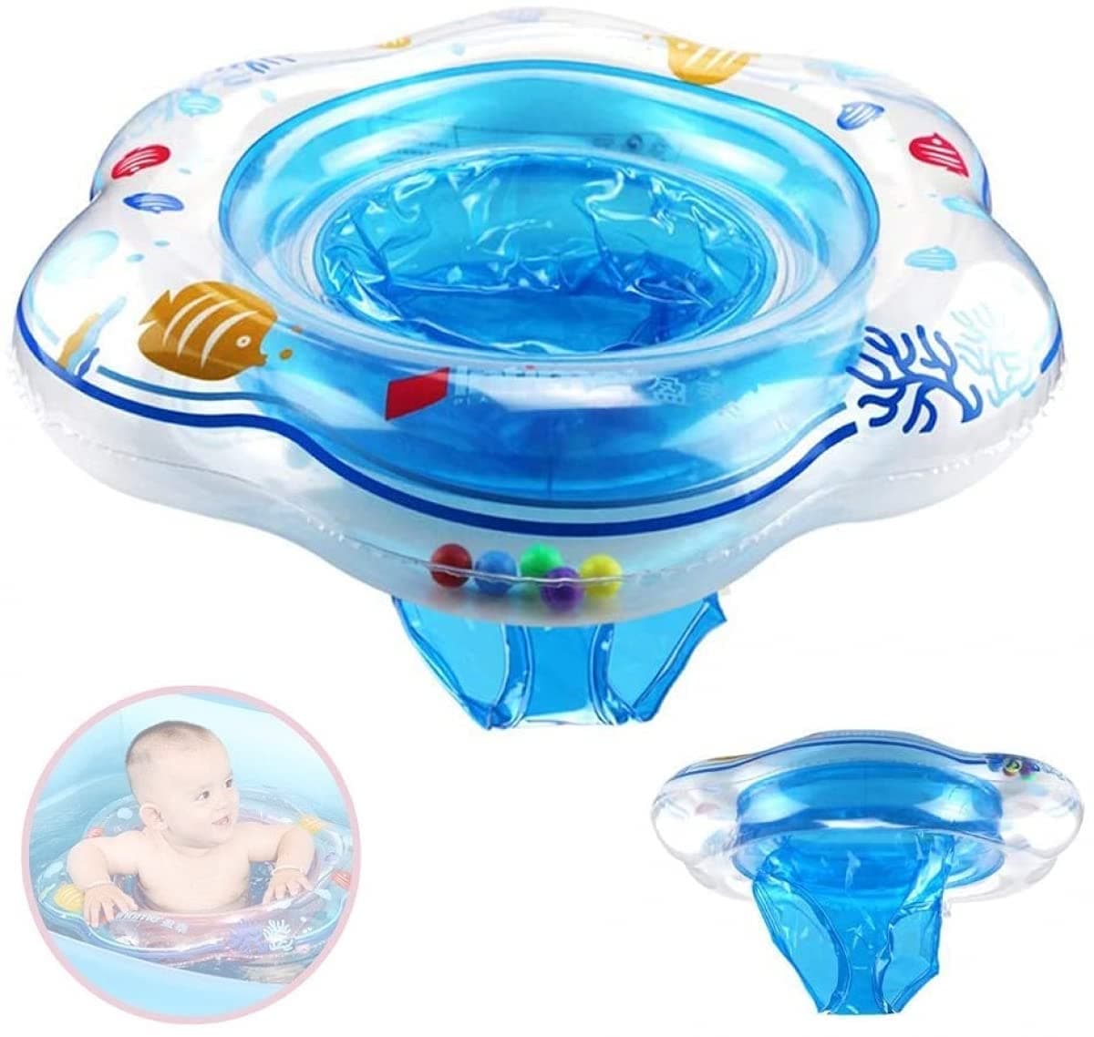 DELFINO Baby Swimming Ring, Swimming Float Safe Seat for Newborn Baby Learn to Swim, Safety Infant Pool Float for Toddlers Kids of 3-48 Months. Pump and Floating toy Included (Blue)