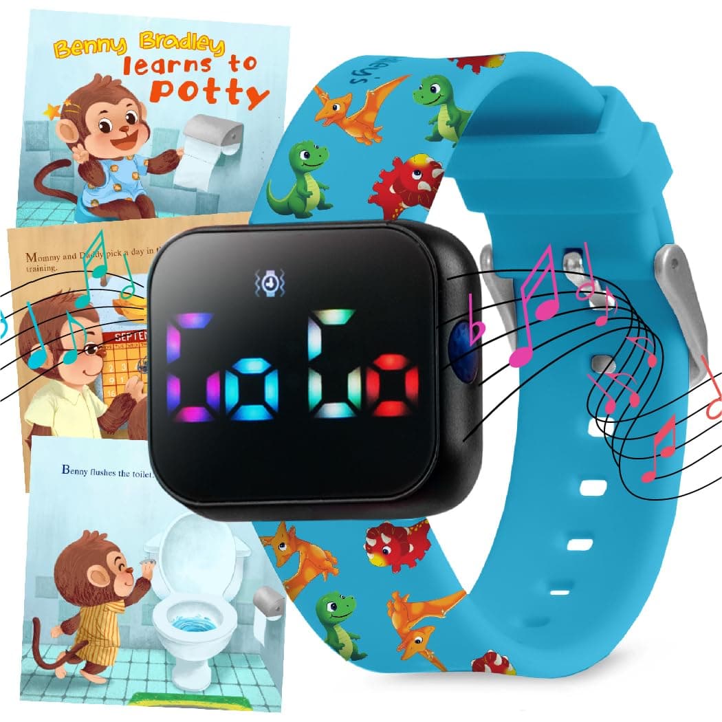 Potty Training Watch for Kids V2 – A Water Resistant Toilet Reminder Device for Boys & Girls to Train Your Toddler with Fun/Musical & Vibration Interval Reminder with Potty Training eBook (Dino)