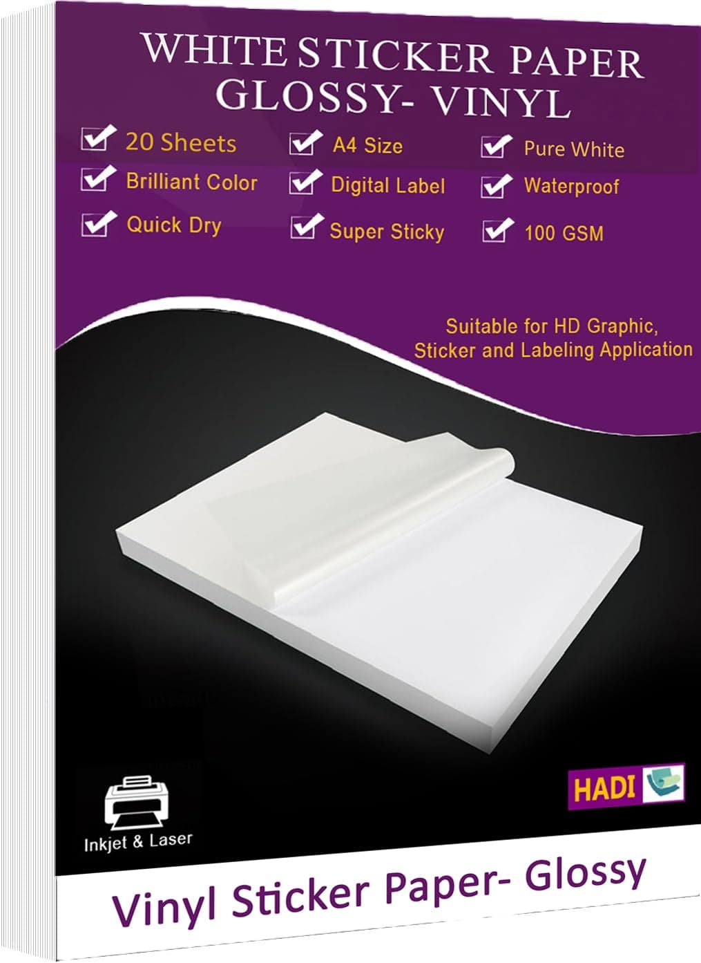 A4 White Glossy Vinyl Sticker Paper -Printable 20 Sheets Self Adhesive- Water Proof,Premium Vinyl Sticker, Brilliant Color-Digital Label-Multi use A4 size -Tear Resistant-Inkjet & Laser Printer