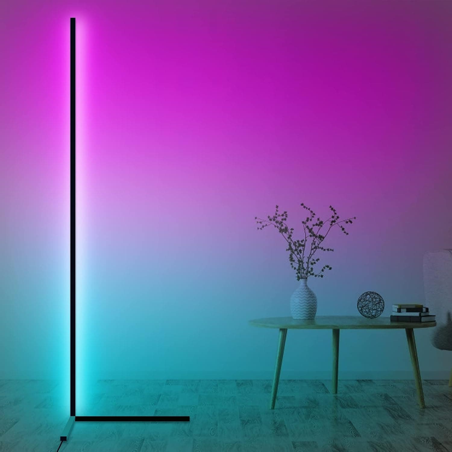 RGB Corner Floor Lamp, AMINAC Color Changing Modern Lamps, 140CM Tall Standing Lamp with Remote Controller Metal Colorful Lamps for Living Room, Bed Room, Gaming Room, Black