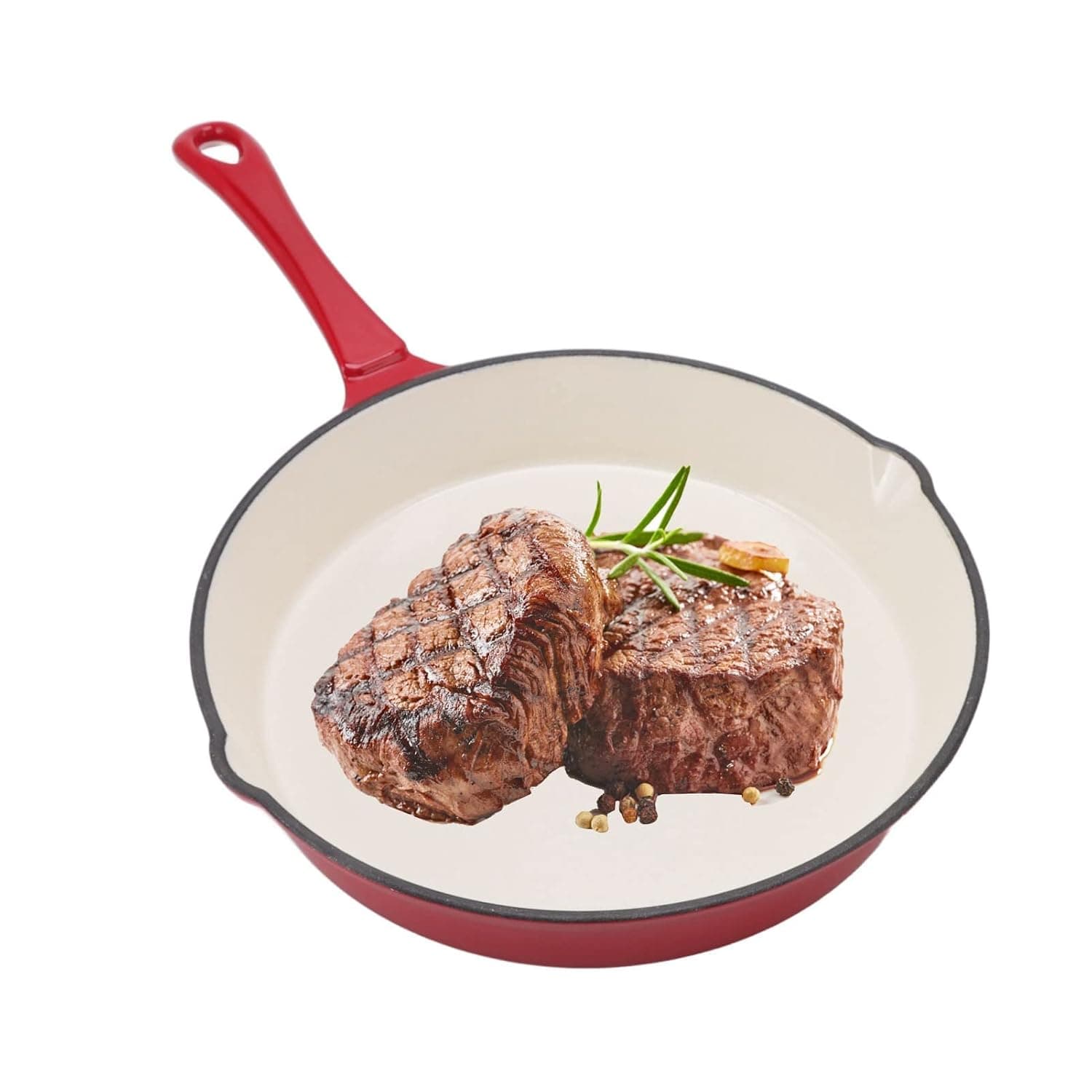Enameled Cast Iron Skillet, Long Handle, Pour Spout, Pre Seasoned 12 Inch Frying Pan with Lid, Indoor Outdoor Use, Oven Cookware, Grill BBQ Fire, Stovetop Induction