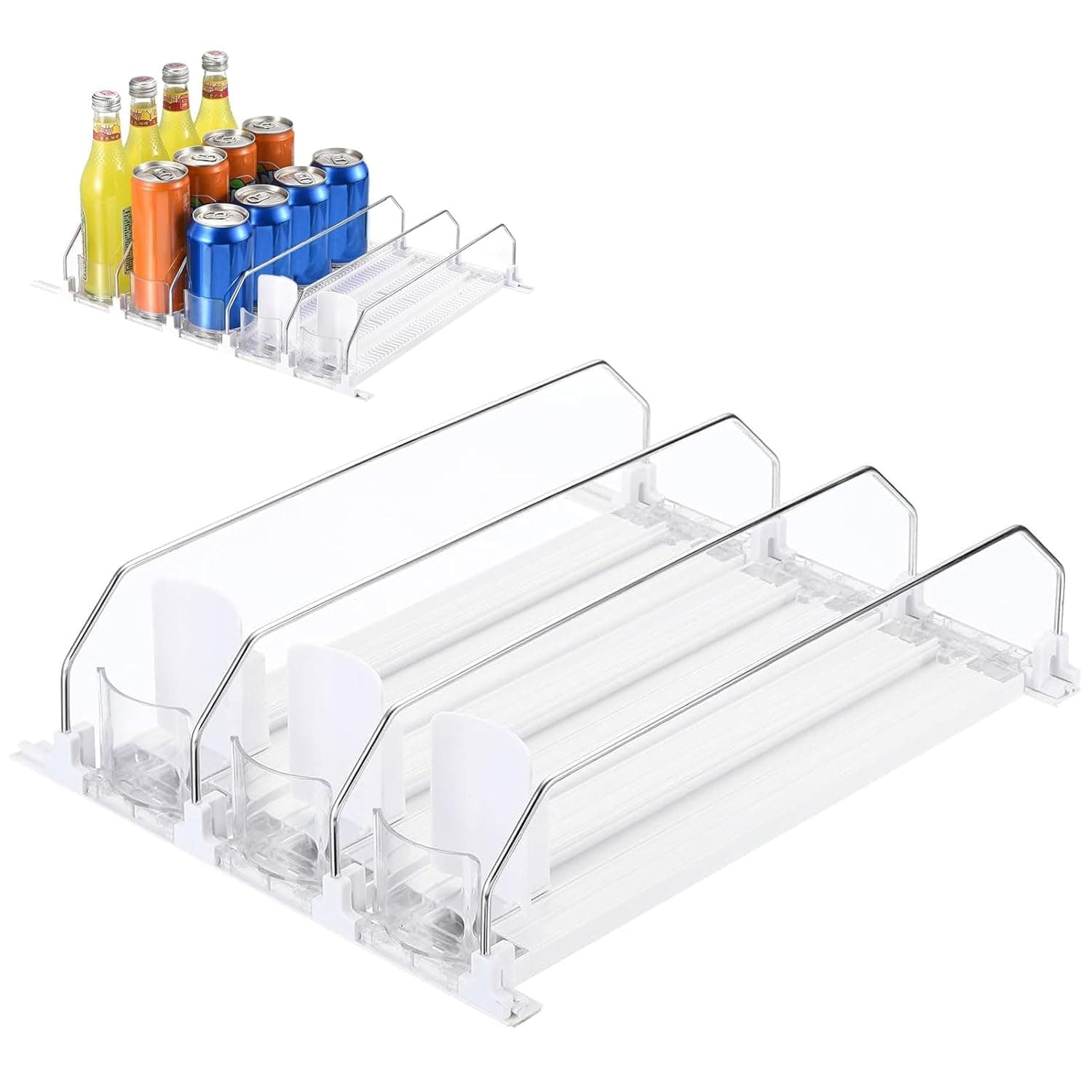 منظم علب الصودا للثلاجة، منظم مشروبات ذاتي الدفع للثلاجة، موزع مشروبات قابل للتعديل لعرض المشروبات لالة بيع المؤن، ابيض