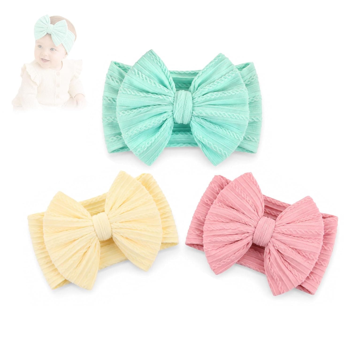 3 Pack Baby Headbands, Soft Non-Slip Newborn Hair Bows for Girls 0-24 Months, Stretchable Handmade Headwraps with Bow for Girls (Beige+Light Blue+Pink)