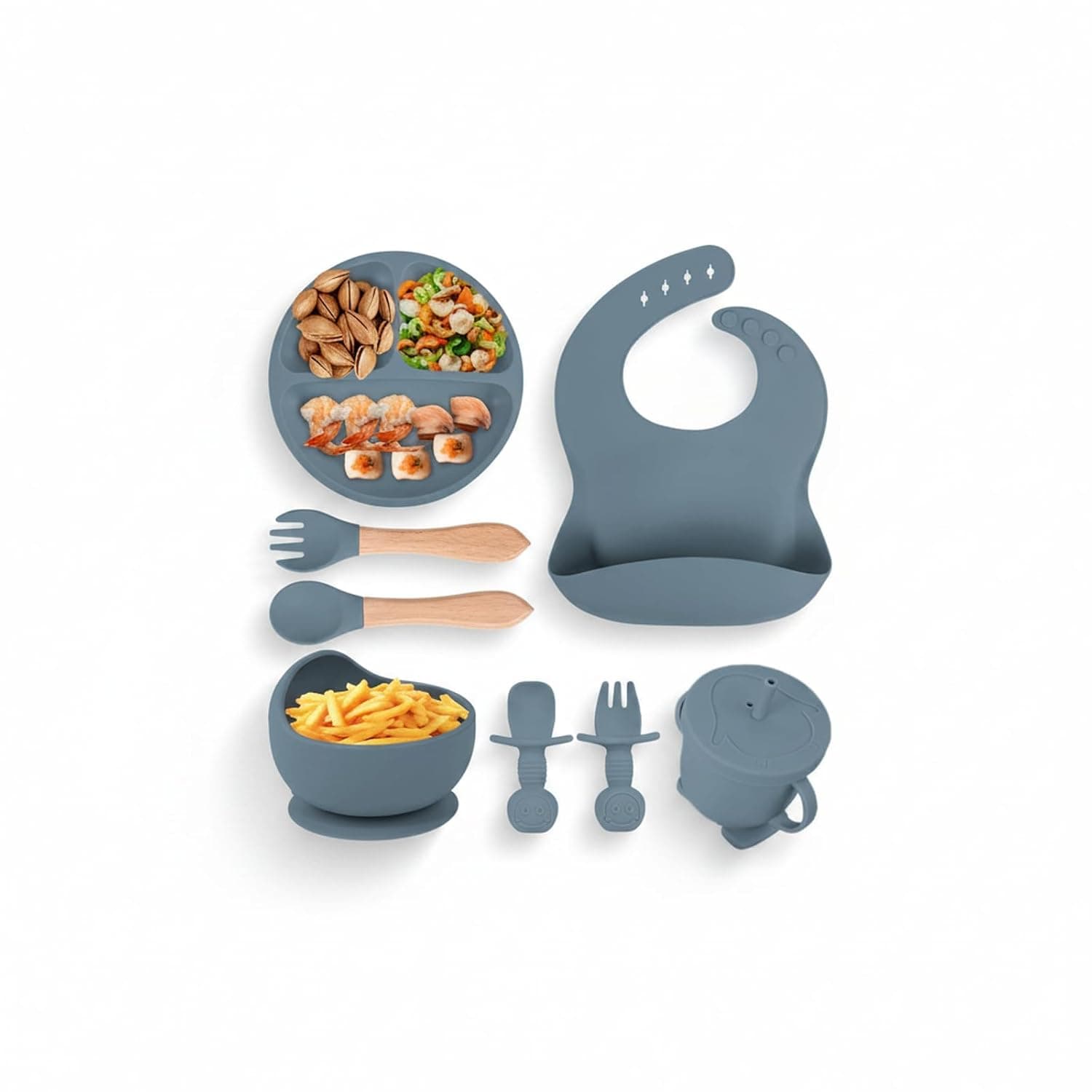 Baby Feeding Set,LinJie 8 Pack Silicone Baby Feeding Set,BPA Free Baby Tableware Set With Adjustable Soft Silicone Bibs And Spoon Toddler Cutlery Set,Dishwasher Safe, LT-245