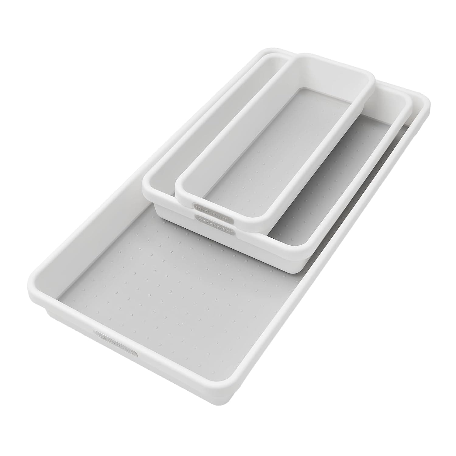 madesmart Tray, Set of 3, White, PremiumWhite | non slip feet, rounded corners, modular layout, mixed sizes, custom fit, office craft supplies, makeup tools, woman owned