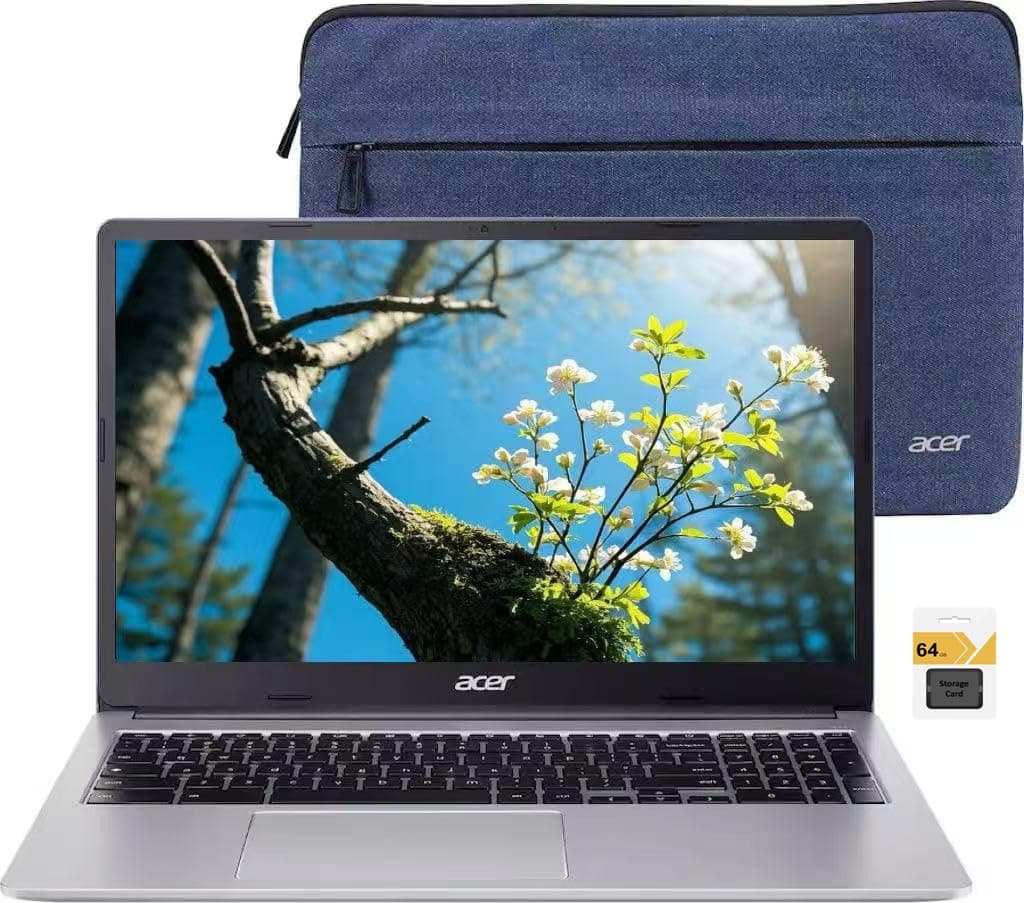 acer Chromebook 315, 15.6" FHD (1920 x 1080) IPS Display Laptop, Intel Celeron N4500, 4GB RAM, 128GB Storage (64GB eMMC + 64GB SD), Webcam, Chrome OS, Sparkly Silver, Protective Sleeve Included