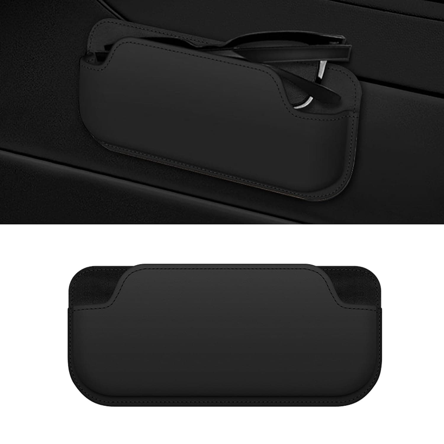 Car Sunglass Holder Organizer, Multi-Functional Stick-On Glasses Case with Seat Gap Storage for Small Items, Easy Installation, Universal Fit for All Vehicles, Scratch-Resistant Black Leather