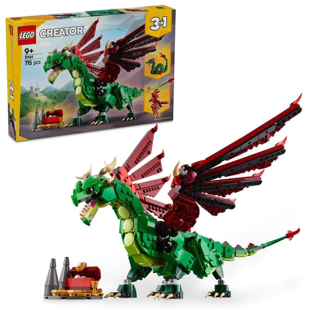 LEGO Creator 3in1 Medieval Dragon 31161 | Dragon to Sea Serpent to Phoenix, Mythical Creatures Building Set, Gift for 9+ Year Old Boys & Girls, 715 Pieces