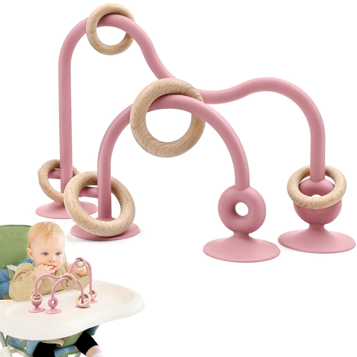 Baby Sensory High Chair Suction Toys for Infant Toddlers 12 18 Months, Food Grade Silicone String with Oak Loop Montessori Educational Parent-Child Bath Toy Gift for Birthday Christmas (Dark Pink)