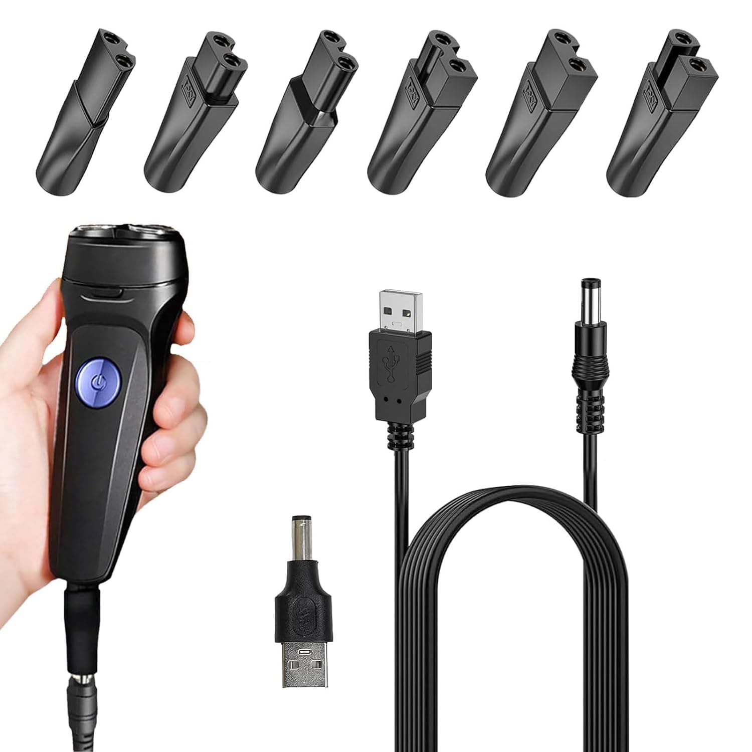 مجموعة شاحن ماكينة حلاقة عالمية 8 قطع، شاحن ماكينة حلاقة، شاحن لتشذيب اللحية مع 6 محول امداد سلك طاقة فريد على شكل راس و1 USB و1 موصل تيار مستمر، مجموعة كيبل شاحن ماكينة الحلاقة للرجال