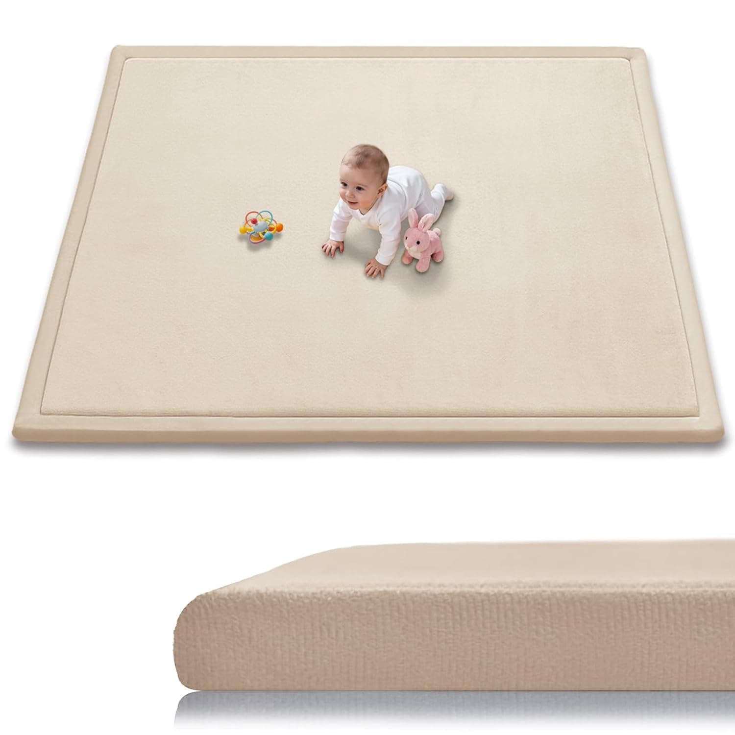 Baby Play Mat for Floor, 1.3 Inch Thick Memory Foam Tummy Time Mat with Non Slip Backing, Soft Coral Velvet 50×50 Inch Playpen Mat Crawling Tatami for Infants Toddlers Kids, Beige