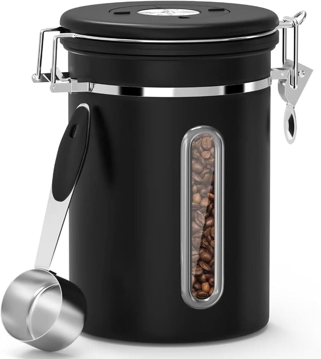 U HOOME Airtight Coffee Canister with Window,Stainless Steel Kitchen Food Storage Container w/Date Tracker&Measuring Scoop for Grounds Coffee Bar Accessories,Beans,Tea,Sugar,Flour,Cereal,22OZ (Black)