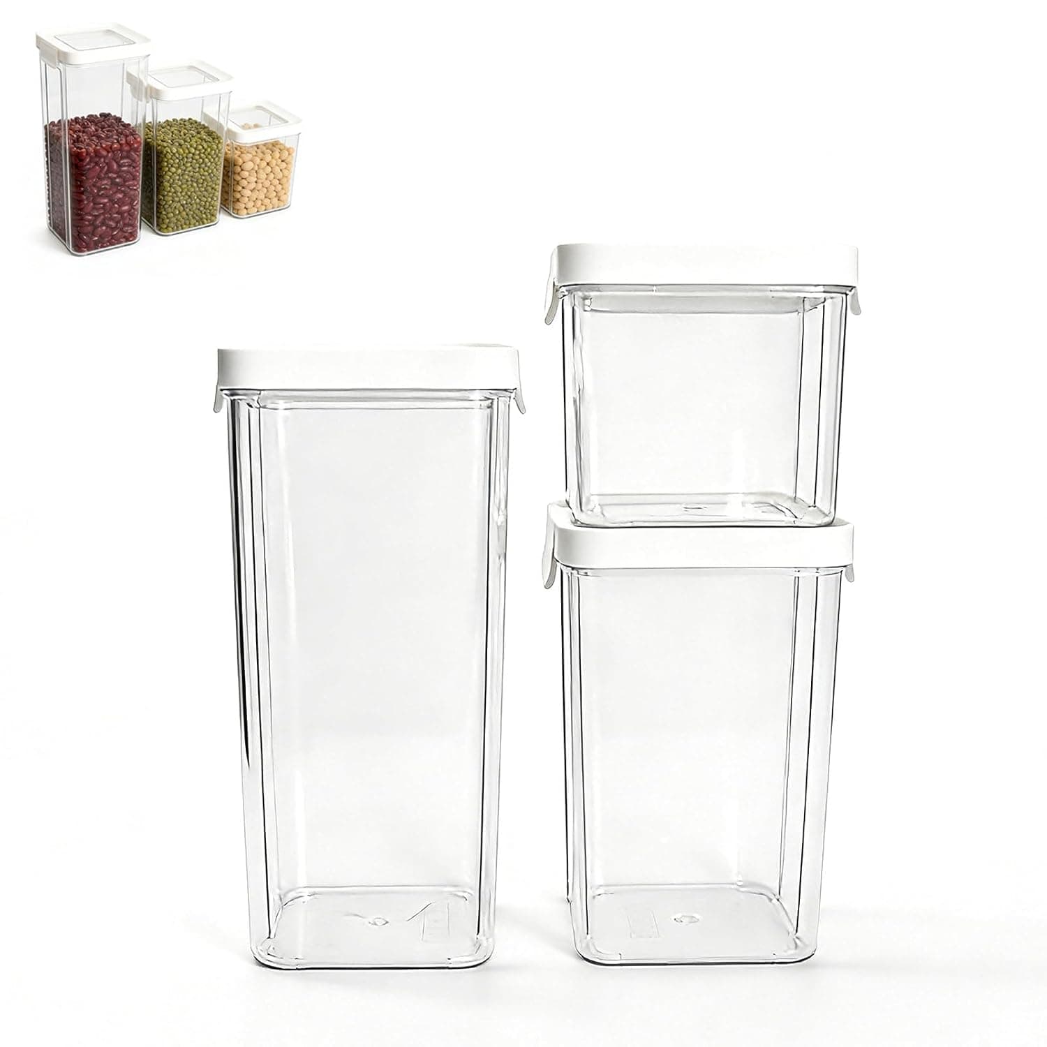 Plastic Food Storage Containers with Lids, Airtight Leak-Proof Clear BPA-Free Kitchen Canisters for Flour, Cereal, Snacks, Stackable Easy-Access, Set of 3, 700ml 1300ml 1800ml
