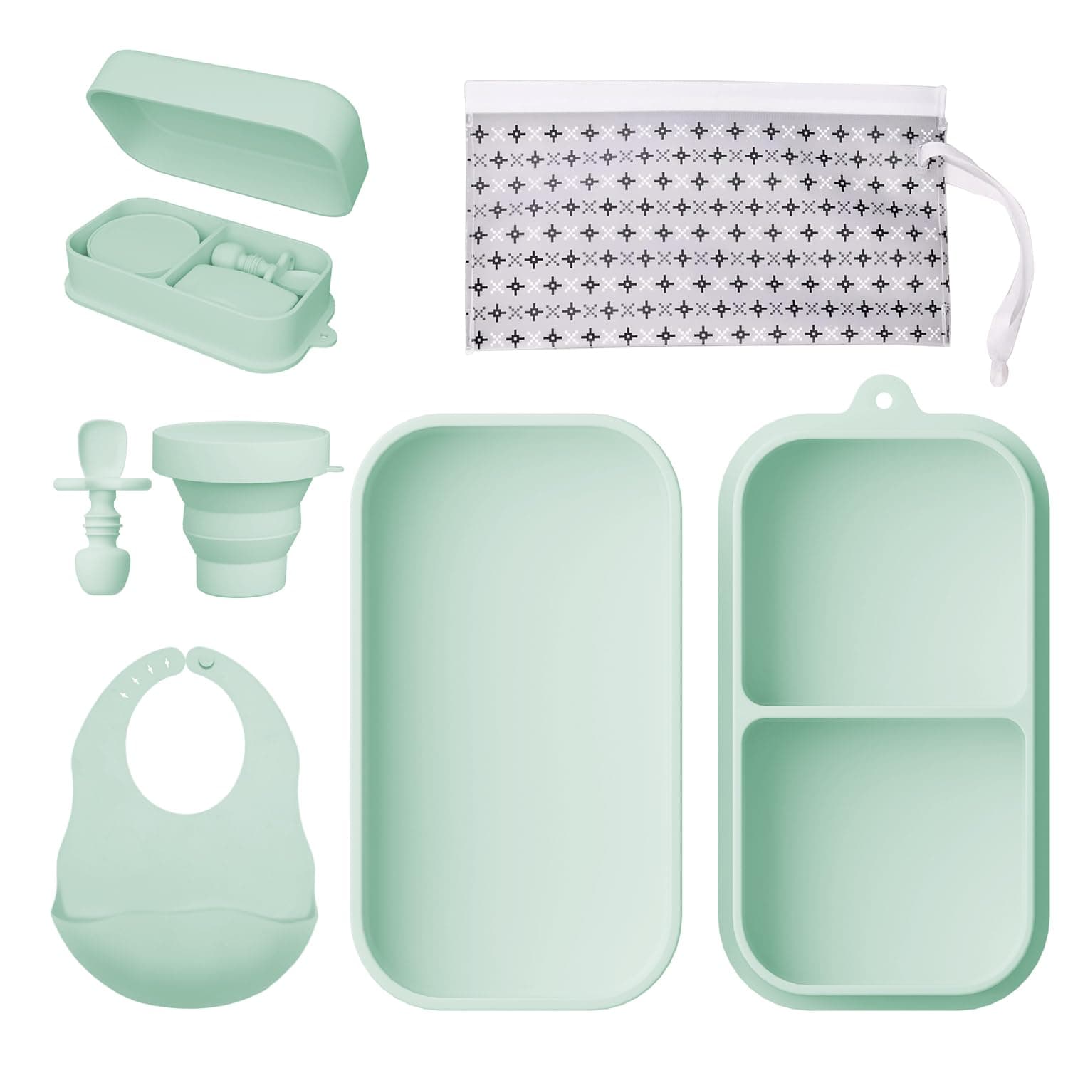Travel Silicone Baby Feeding Set Portable Toddler Feeding Supplies Toddler Plates and Bowls Set Baby plates with Suction With spoon and cup, bib and waterproof storage bag